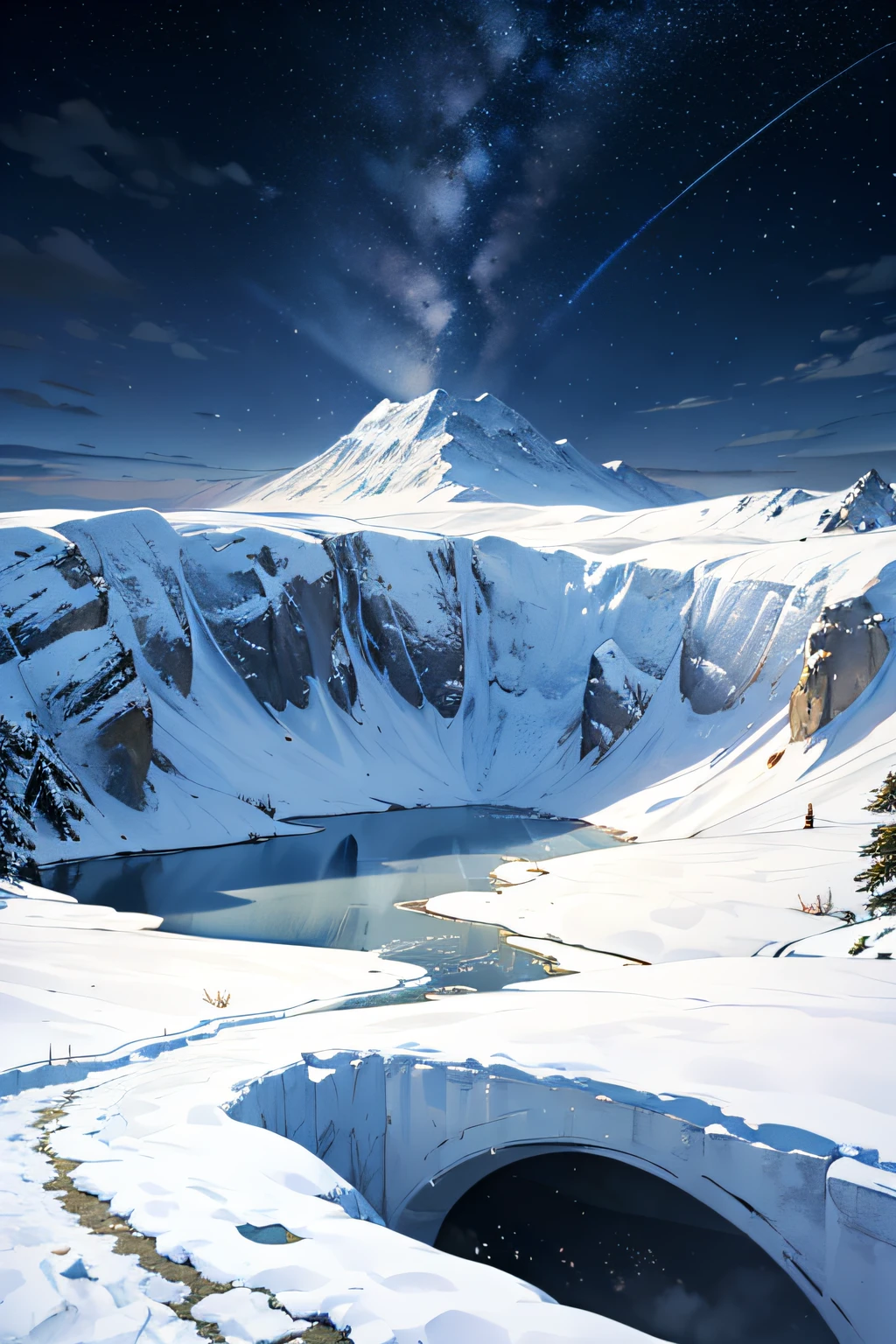 {{{masterpiece}}}, {{the best quality, super fine illustrations, beautiful and delicate water}}, {{very delicate light}}, {{nature, painting}}, {{fine lighting, more transparent stars, high-quality snowflakes, high-quality mountains, very fine 8KCG wallpapers}}, (plateau), (((snow mountain))), sunrise, randomly distributed clouds, (snow field), cliff, ((rotating star sky)), ((lake in mountain stream)), luminous particles