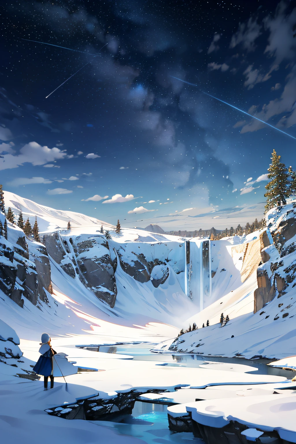 {{{masterpiece}}}, {{the best quality, super fine illustrations, beautiful and delicate water}}, {{very delicate light}}, {{nature, painting}}, {{fine lighting, more transparent stars, high-quality snowflakes, high-quality mountains, very fine 8KCG wallpapers}}, (plateau), (((snow mountain))), sunrise, randomly distributed clouds, (snow field), cliff, ((rotating star sky)), ((lake in mountain stream)), luminous particles