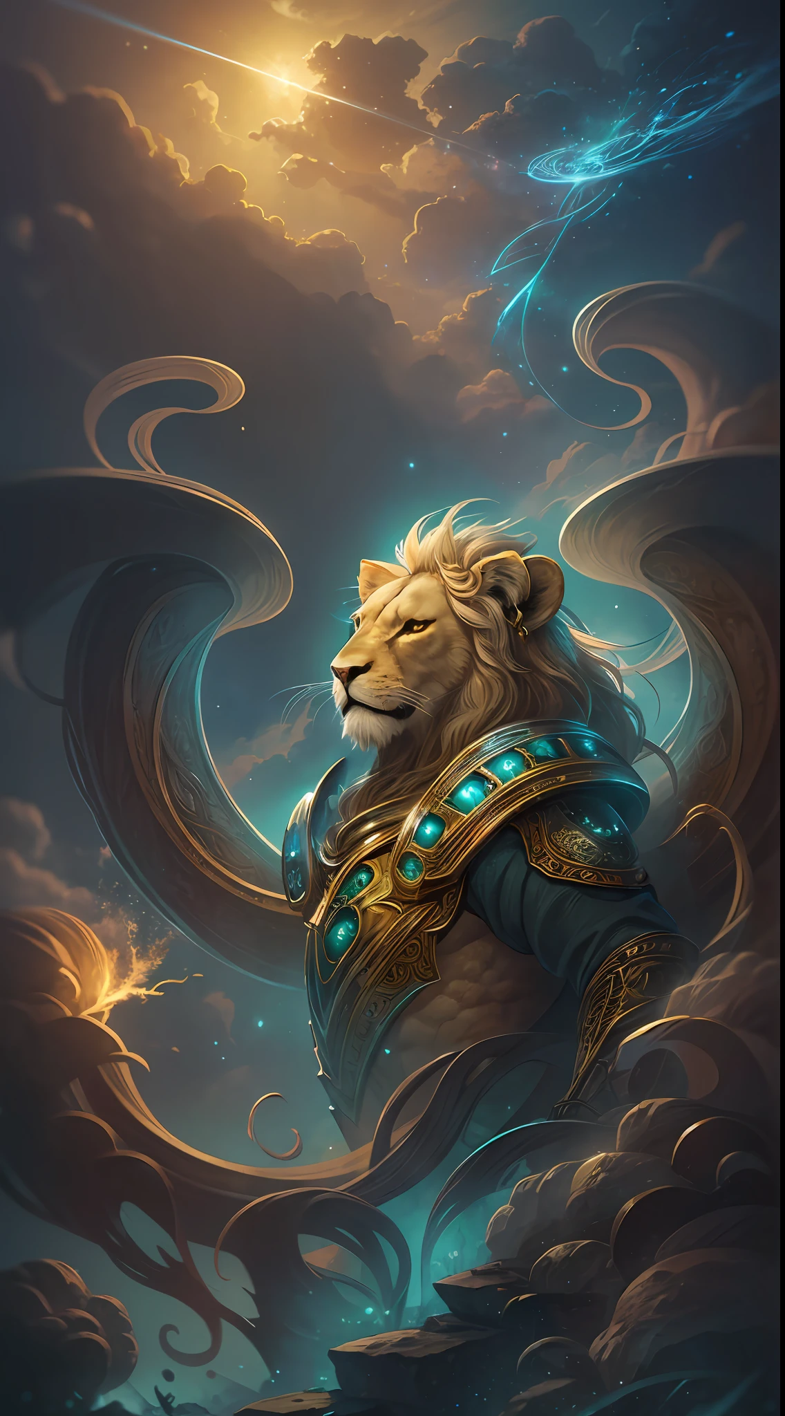 ((Best quality)), ((Masterpiece)), ((Realistic)), Portrait, 1 Lion，anthropomorphic turtle, Celestial, deity, Cold and handsome appearance, Light particles, Halo, view the viewer, (Bio-luminescence:0.95) 火焰，Bio-luminescence，Giant sword，with dynamism，Colorful，colours，（with light glowing，with light glowing），（美丽的构图），电影灯光，iintricate，（对称：0.5），whimsically，Alien planet