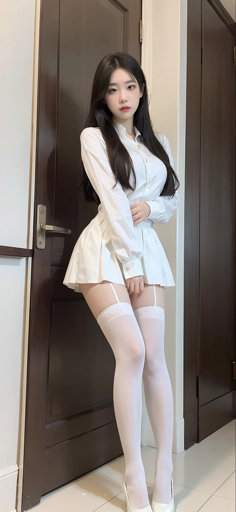 There was a woman in a skirt and a white shirt posing, thighhighs and skirt, wearing dresses, pale milky white porcelain skin, wearing skirt and high socks, pretty face with arms and legs, extremely pale, legs visible, leg and thigh shot, wearing white skirt, transparent gray skirts, wearing honey - themed miniskirt, thigh close-up