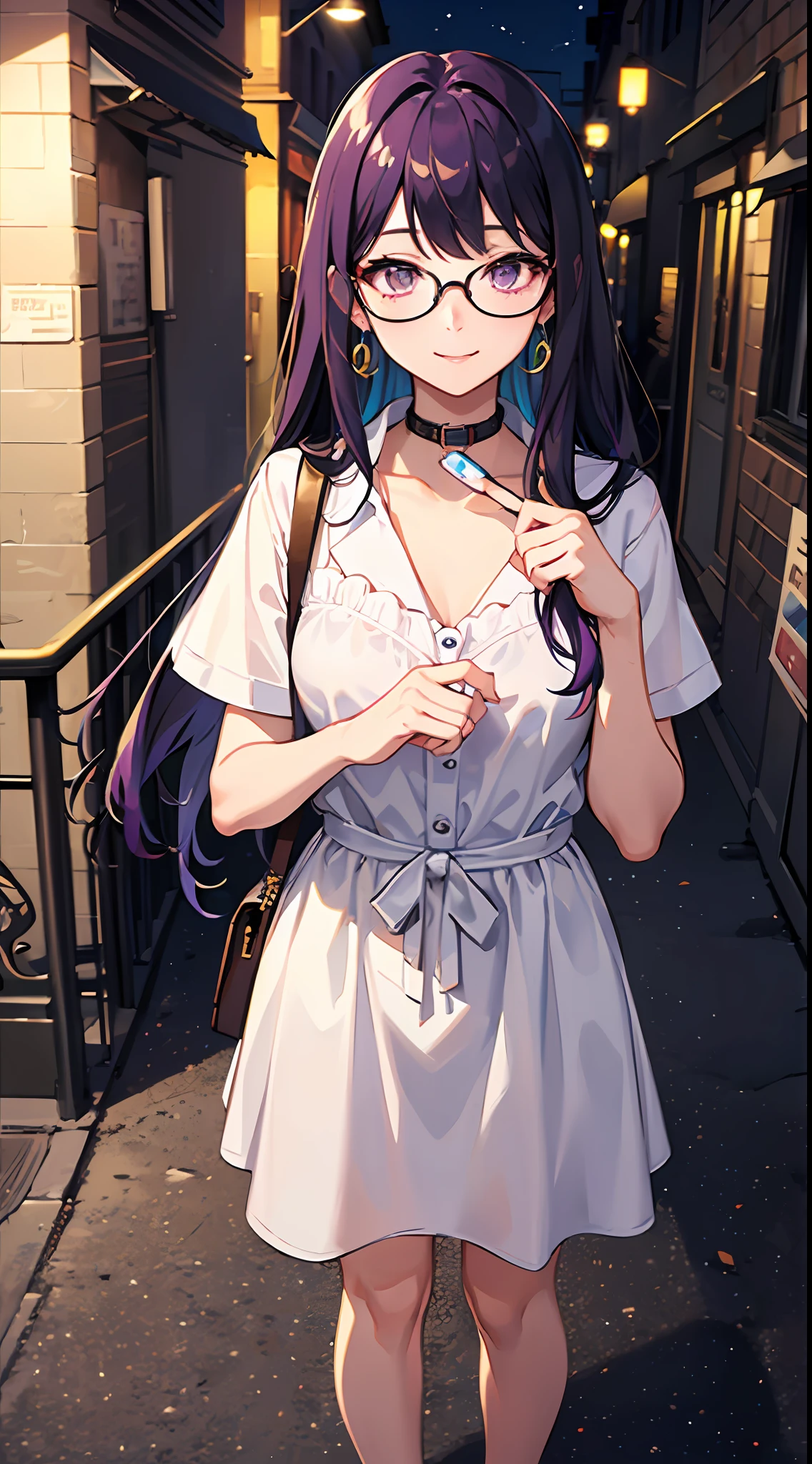 (masterpiece), best quality, expressive eyes, perfect face, 1girl, solo, bluntbangs hair, (illustration: 1.1), (best quality), (beautiful and clear background: 1.25), (extremely detailed CG unity 8k wallpaper: 1.1), (colorful: 0.9), (depth of field: 0.75),
(detailed eyes: 1.4), golden eyes, (multicolored hair: 1.2), purple hair, bright eyes, multi line in hair, glasses, long hair
(purple shirtdress: 1.4),collar, earrings, sandals,
looking_at_viewer, smile, park, outdoor, night, detailed night lamp, close up,