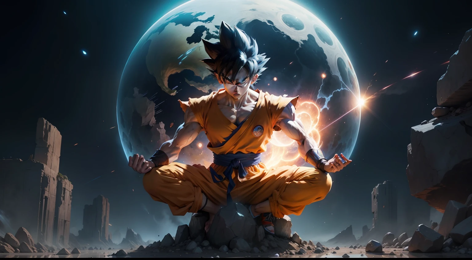 Goku focus face clear male focus, earth \(planet\), planet, space, cracked ground and rocks rising up, rubble rising,