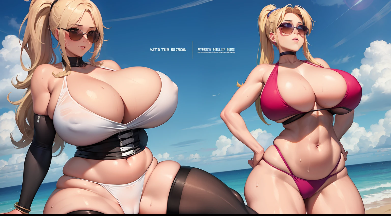 milf, sportswoman, bbw, huge breasts, big hips, shaped hips, thick, thick legs, sweaty, blonde, ponytail, sunglasses, hands on waist, topless, g-string,