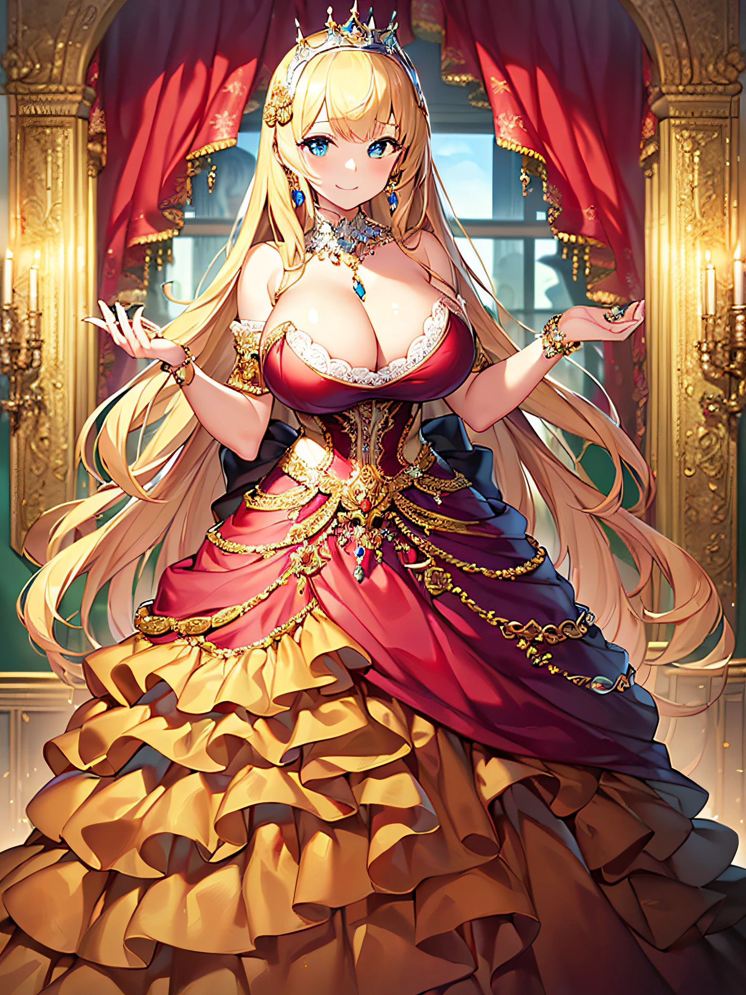 ((anime artstyle)),(Masterpiece),(Best Quality), (Super Detail),((Very Delicate and Beautiful)),((Solo)),((full body)),(((1 bling-bling princess in gorgeous rococo ball gown))),((bling-bling)),Long train,(bling-bling gorgeous gemstone jewelry),detailed face and eyes,jewel-like eyes,(seductive smile),((extremely voluminous Very Long Hair,Straight Hair)),gigantic tits,Long tits,cleavage,(gorgeousfull embroidery and lace),gorgeous corsage,See-through,extremely gorgeousfull hair ornament,bling-bling extremely gorgeousfull jeweled tiara,ornate ruffles,(hoop skirt,crinoline),Dynamic Angle,Looking at viewer,((beautiful embroidery and jeweled extremely gorgeous rococo ball gown)),