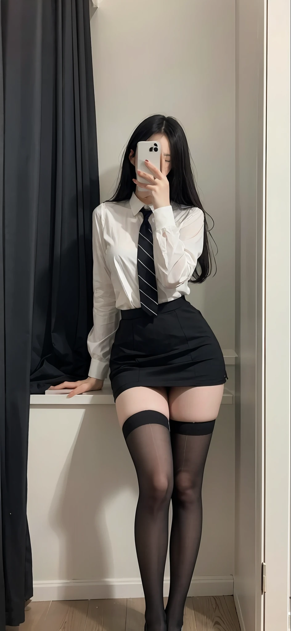 There is a woman in a skirt and a white shirt posing, thighhighs and skirt, wearing dresses, pale milky white porcelain skin, Wear skirts and suspender socks, Suspender high black stockings stockings beautiful face with arms and legs, extremely pale, legs visible, leg and thigh shot, wearing white skirt, transparent gray skirts, wearing honey - themed miniskirt, thigh close-up