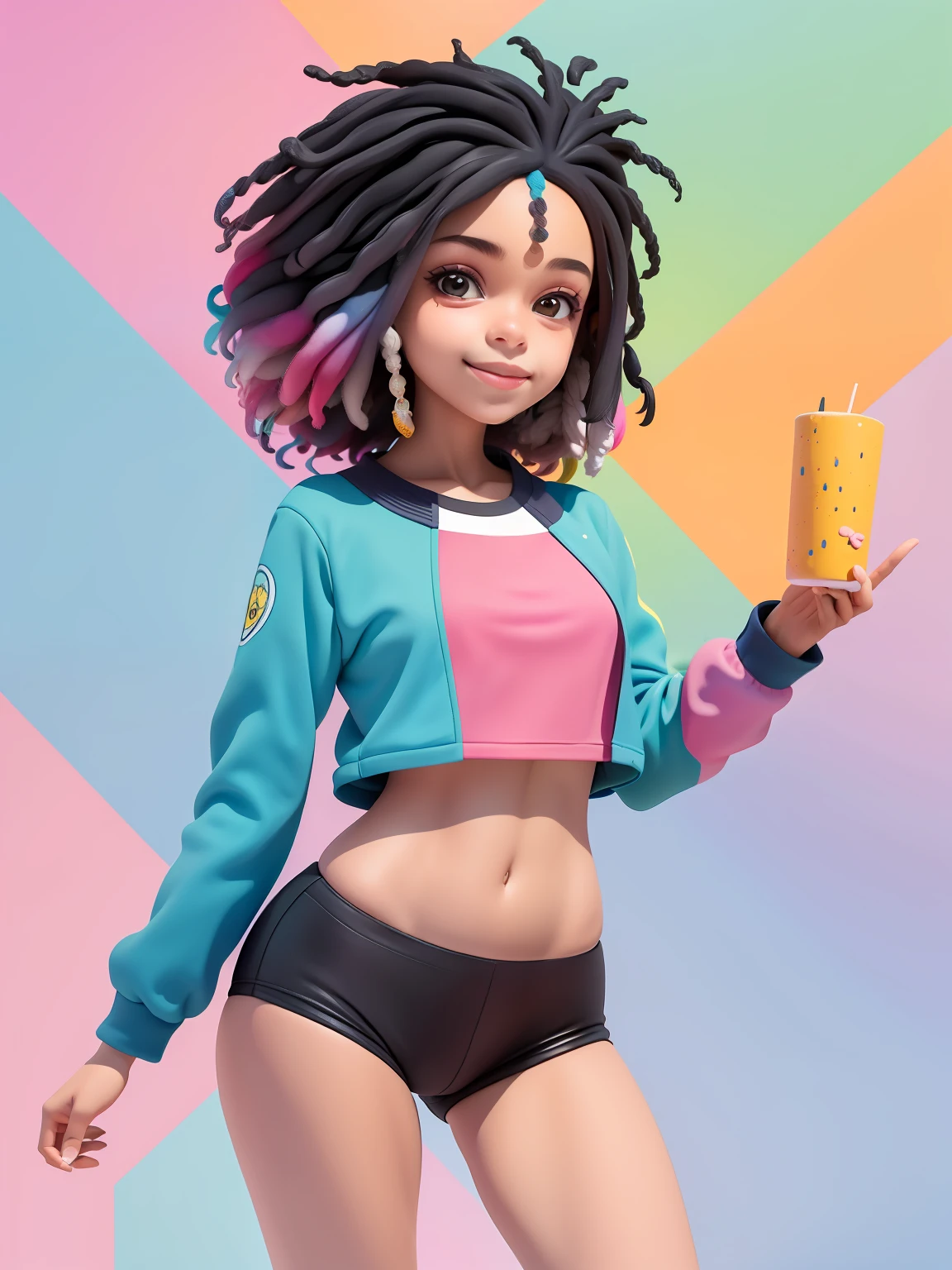 (obra-prima), (melhor qualidade), (ultra-detalhado), (corpo inteiro: 1.2) menina negra adolescente, leve e detalhado, sorriso claro, corpo inteiro, :3, cabelo multicolor, curto, longo, pavor, moderno, Modern accessories, fundo tom pastel , colorido e simples.
