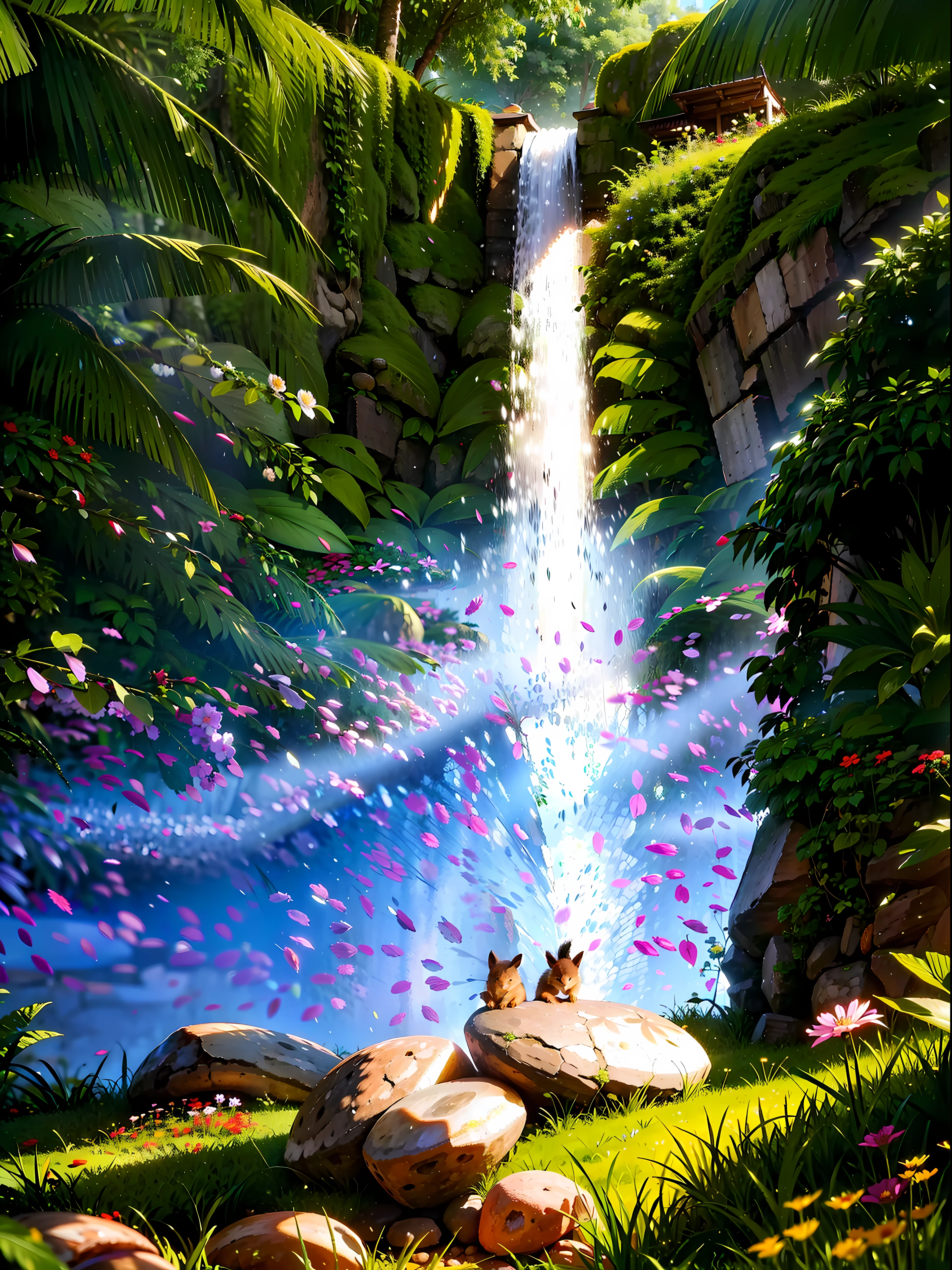 scenery with lush plants and flowers, cheias de cores vibrantes. No centro do jardim, Place a fountain with crystal clear water, rodeada por pequenas fadas e borboletas. At the back of the garden, desenhe um arco feito de trepadeiras com uma porta misteriosa. Ao redor do jardim, adicione animais como coelhos, squirrels and birds