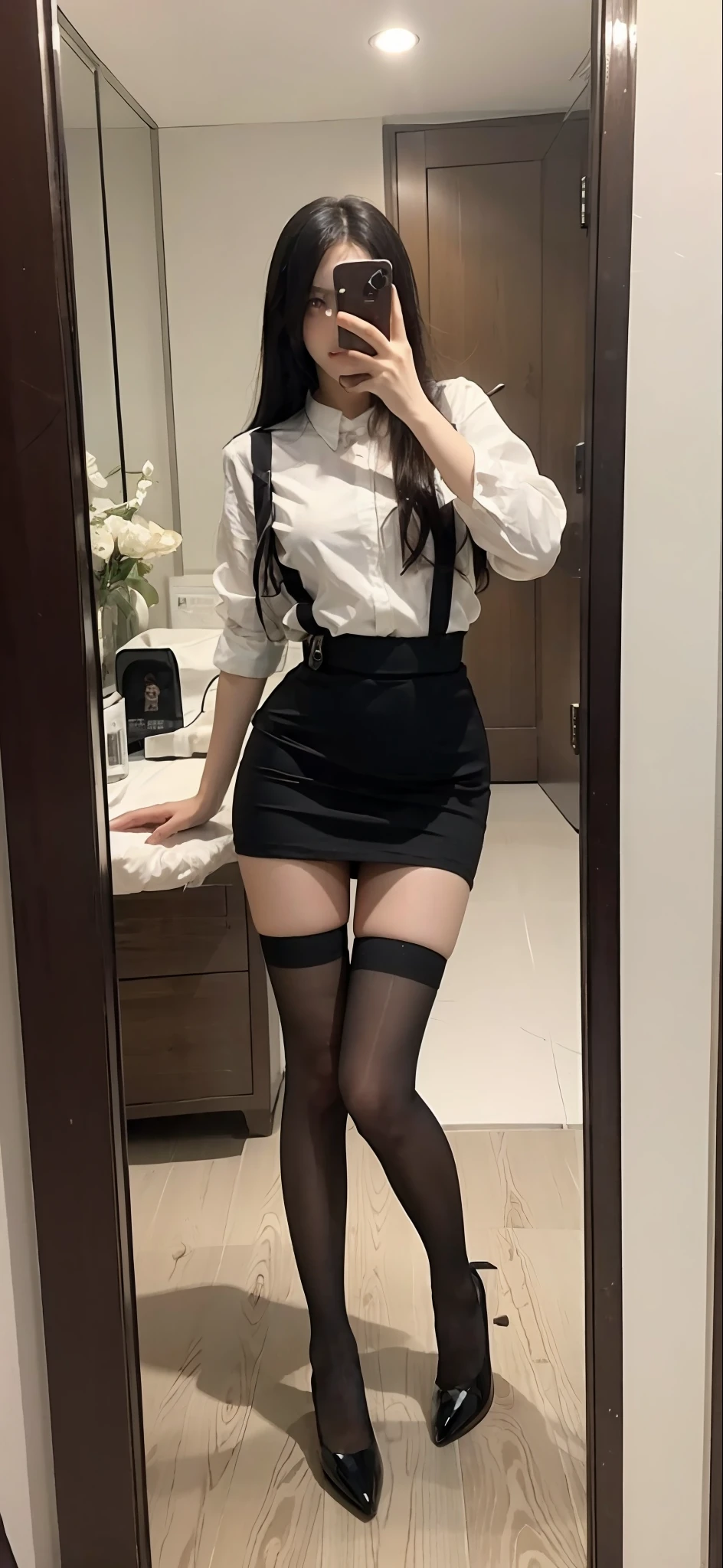 There is a woman in a skirt and a white shirt posing for a selfie with an iPhone in the mirror, thighhighs and skirt, wearing dresses, pale milky white porcelain skin, Wear skirts and suspenders, Sling high black stockings stockings beautiful face with arms and legs, extremely pale, legs visible, leg and thigh shot, wearing white skirt, transparent gray skirts, wearing honey - themed miniskirt, thigh close-up