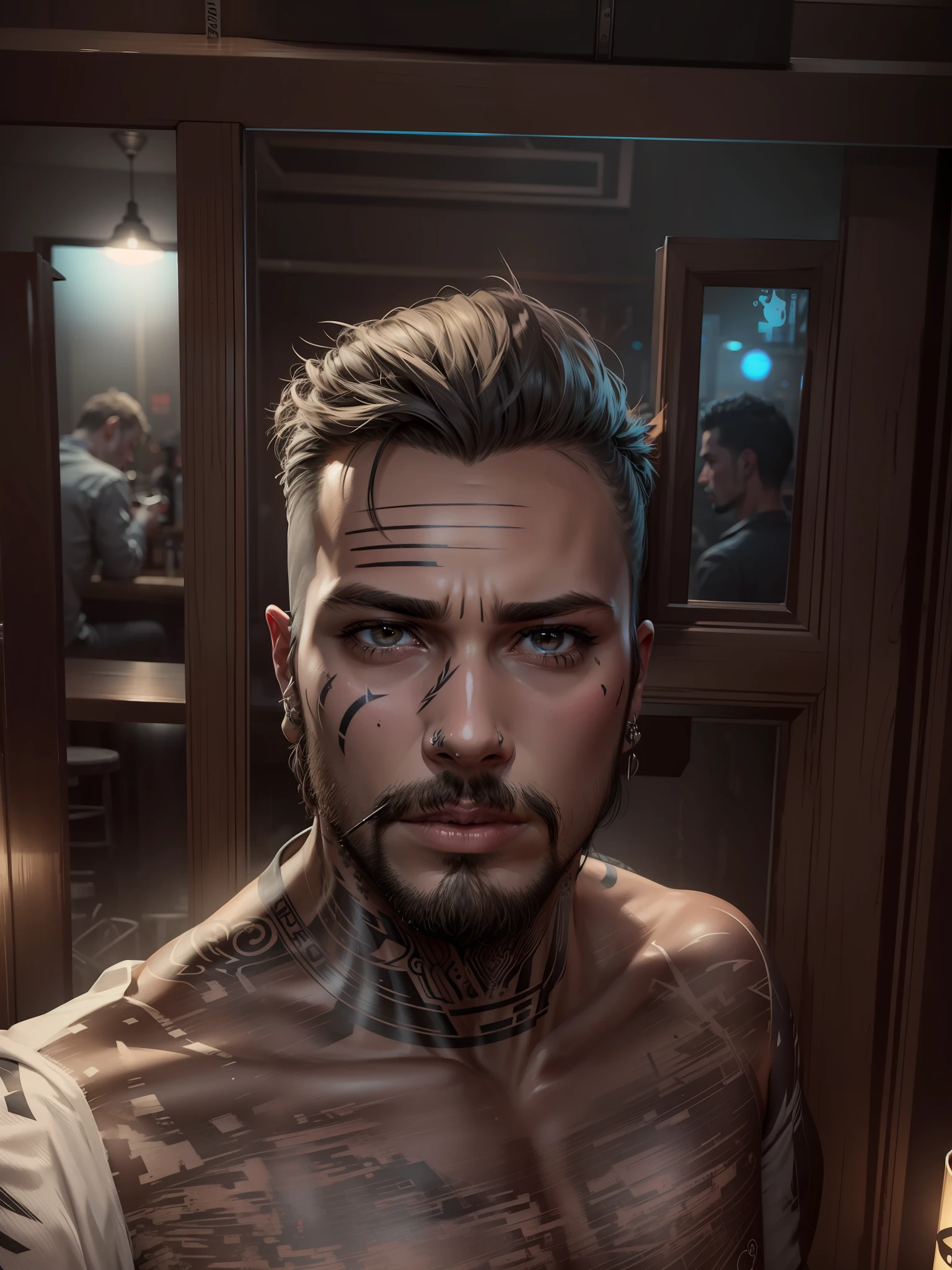 In a bar with tattoo on face