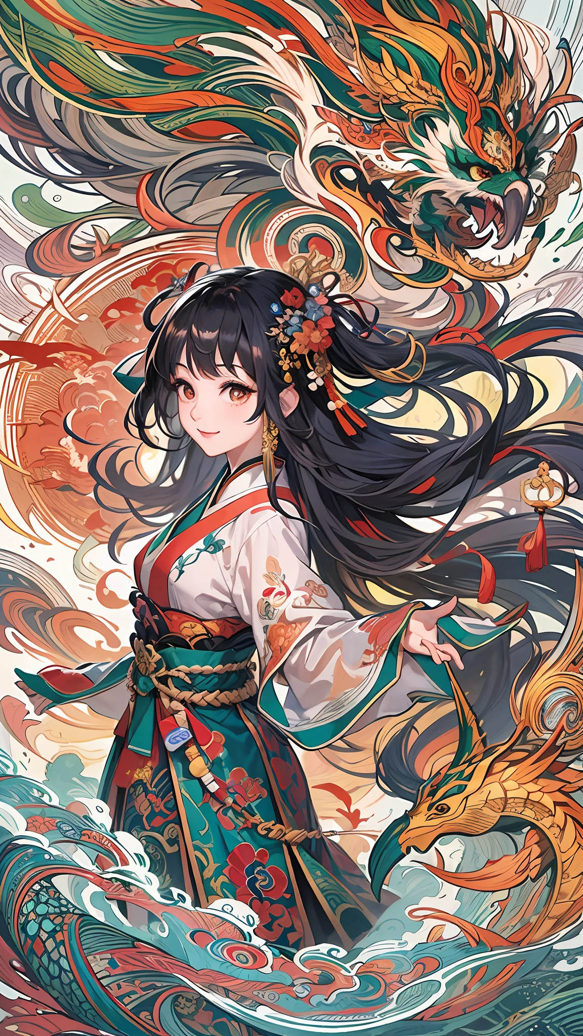 Official Art, Unified 8K Wallpapers, Ultra Detailed, Beautiful and Aesthetic, Masterpiece, Best Quality, (Zentangle, Tangle, Entangle), (fractal art: 1.4), 1girl, black hair, Chinese, bare shoulders, short skirt, calf, navel, very detailed, dynamic angle, cowboyshot, (most beautiful form chaos), flowing, (bright colors), oc, (half: 1.2), china, (thangka flying sky: 1.5), (ribbon: 1.3), (dream: 1.5), (hanfu: 1.5), Chinese dragon, Chinese phoenix, (smile: 0.5), (Chinese deity),