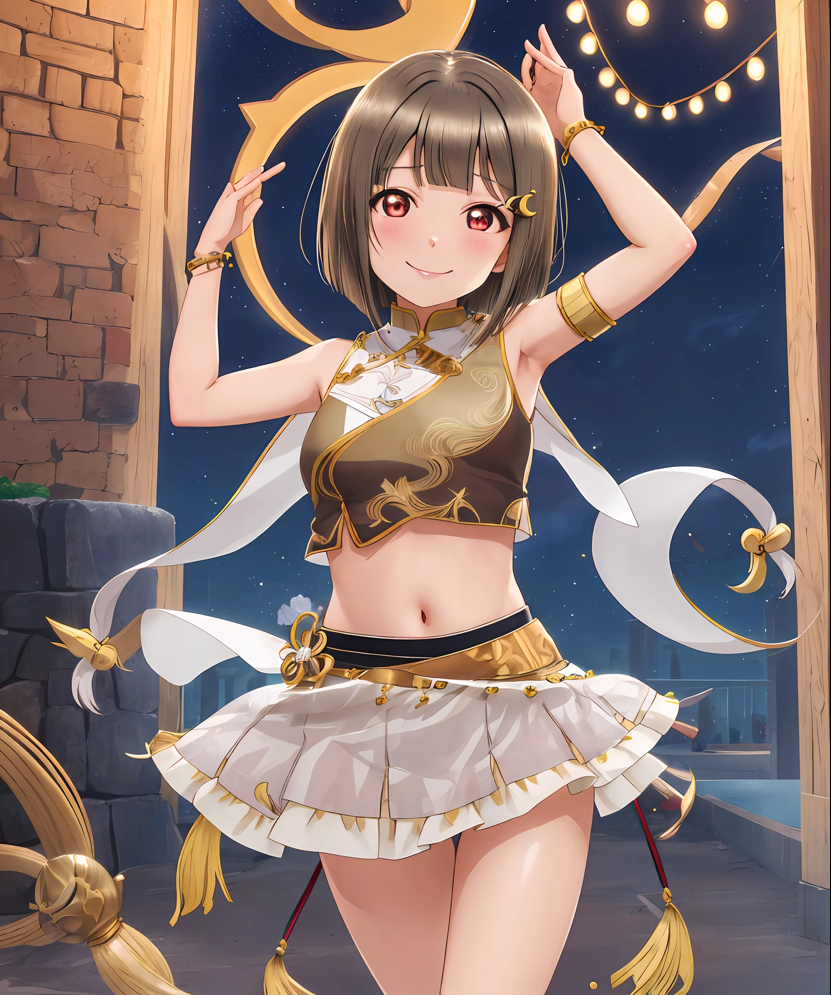 First person view ,seductive smile,facing another,nakasu kasumi, bob cut, light brown hair, short hair, blunt bangs, crescent, crescent hair ornament, hair ornament, hairclip,crop top, low micro skirt, jewelry clothes,harem clothes,navel, night, one arm up, armpit