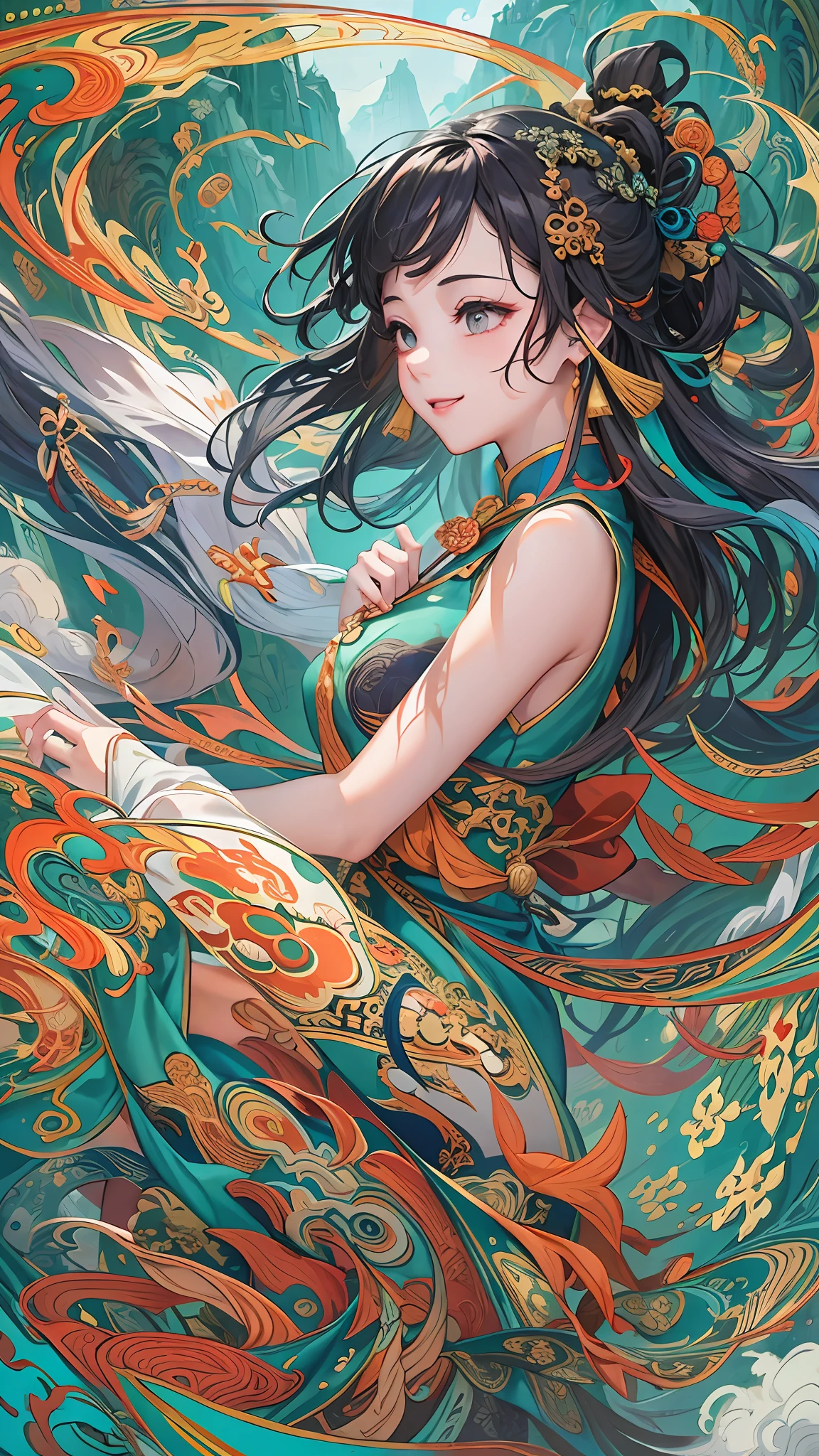 Official Art, Unified 8K Wallpapers, Ultra Detailed, Beautiful and Aesthetic, Masterpiece, Best Quality, (Zentangle, Tangle, Entangle), (fractal art: 1.4), 1girl, black hair, Chinese, bare shoulders, short skirt, calf, navel, very detailed, dynamic angle, cowboyshot, (most beautiful form chaos), flowing, (bright colors), oc, (half: 1.2), china, (thangka flying sky: 1.5), (ribbon: 1.3), (dream: 1.5), (hanfu: 1.5), Chinese dragon, Chinese phoenix, (smile: 0.5), (Chinese deity),