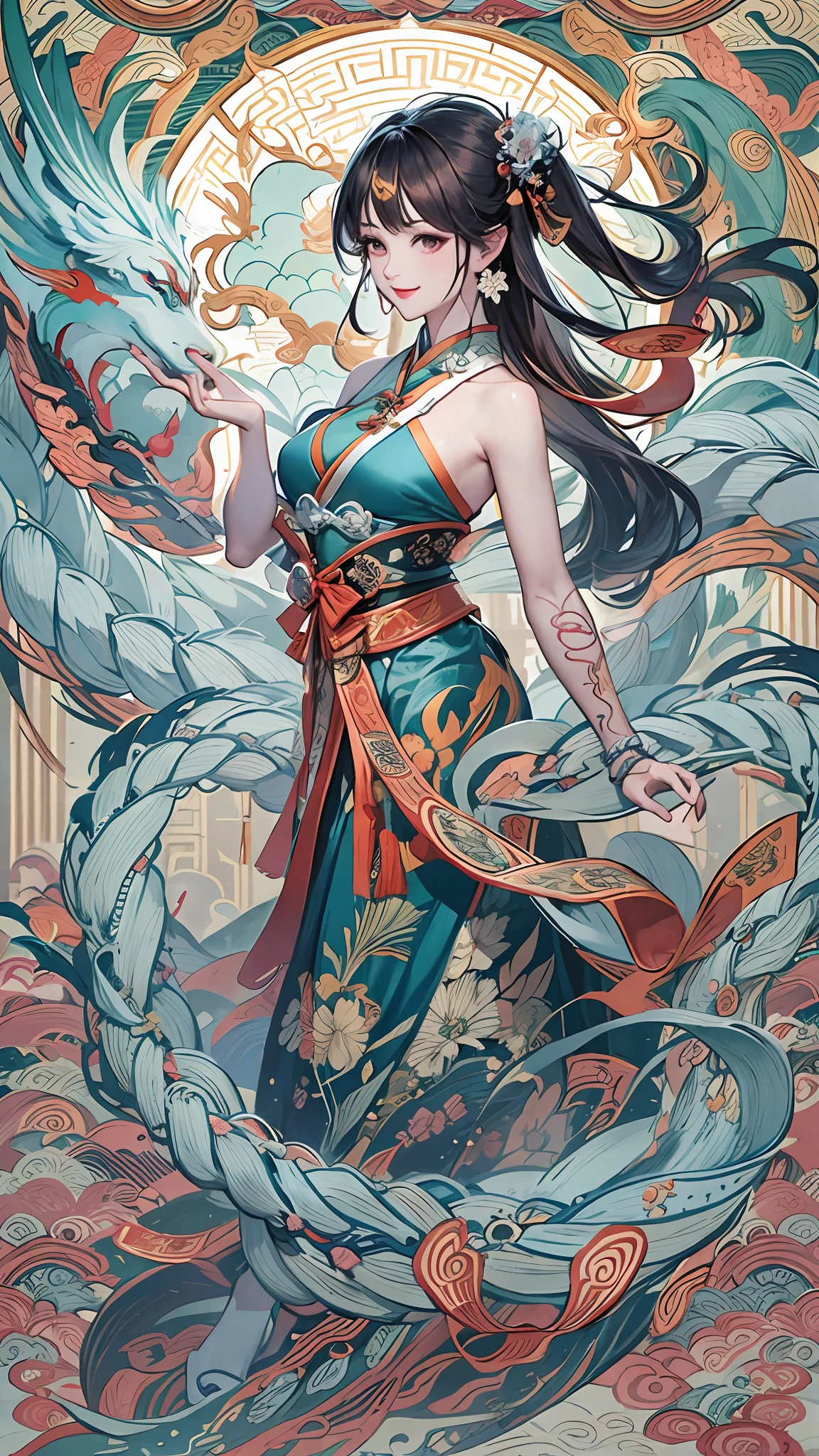 Official Art, Unified 8K Wallpapers, Ultra Detailed, Beautiful and Aesthetic, Masterpiece, Best Quality, (Zentangle, Tangle, Entangle), (fractal art: 1.4), 1girl, black hair, Chinese, bare shoulders, short skirt, calf, navel, very detailed, dynamic angle, cowboyshot, (most beautiful form chaos), flowing, (bright colors), oc, (half: 1.2), china, (thangka flying sky: 1.5), (ribbon: 1.3), (dream: 1.5), (hanfu: 1.5), Chinese dragon, Chinese phoenix, (smile: 0.5), (Chinese deity),