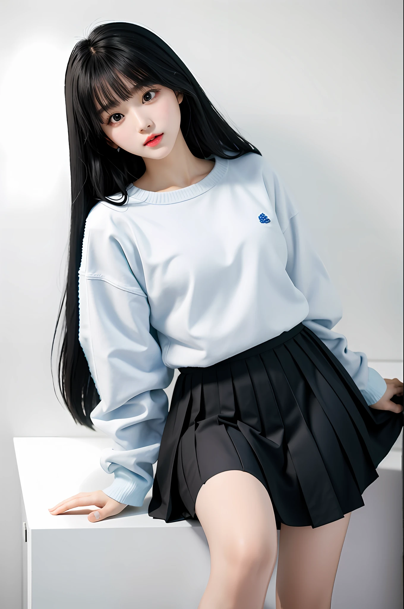Plain white background,Pure white background positive,Plain white background,faceted,hoang lap,Original,Extremely Delicately Beautiful,beautiful detailed eyes and face,1girll,black_hair,looking_at_viewer,独奏,(tmasterpiece:1.4),(best qualtiy:1.4),White sneakers,black color hair,The eye,Very long hair,Shenzhen school uniform,White and blue pleated skirt,bluntbangs,