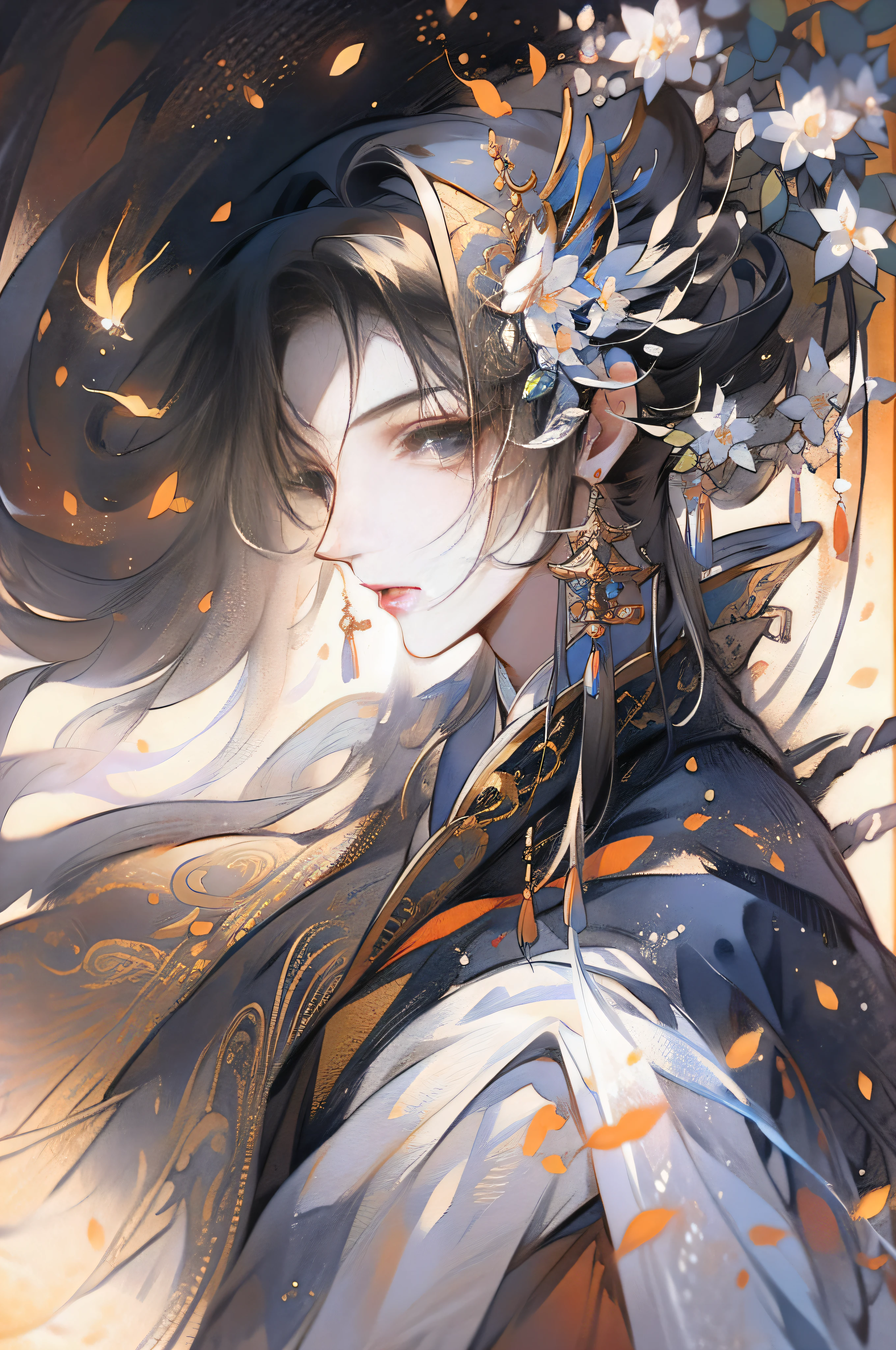China-style,ink and watercolor painting,Hanfu,1boy ,standing on your feet,The clothes are black and white,long whitr hair,Handsome,swordsmen,the detail,closeup of face,k hd,ultraclear