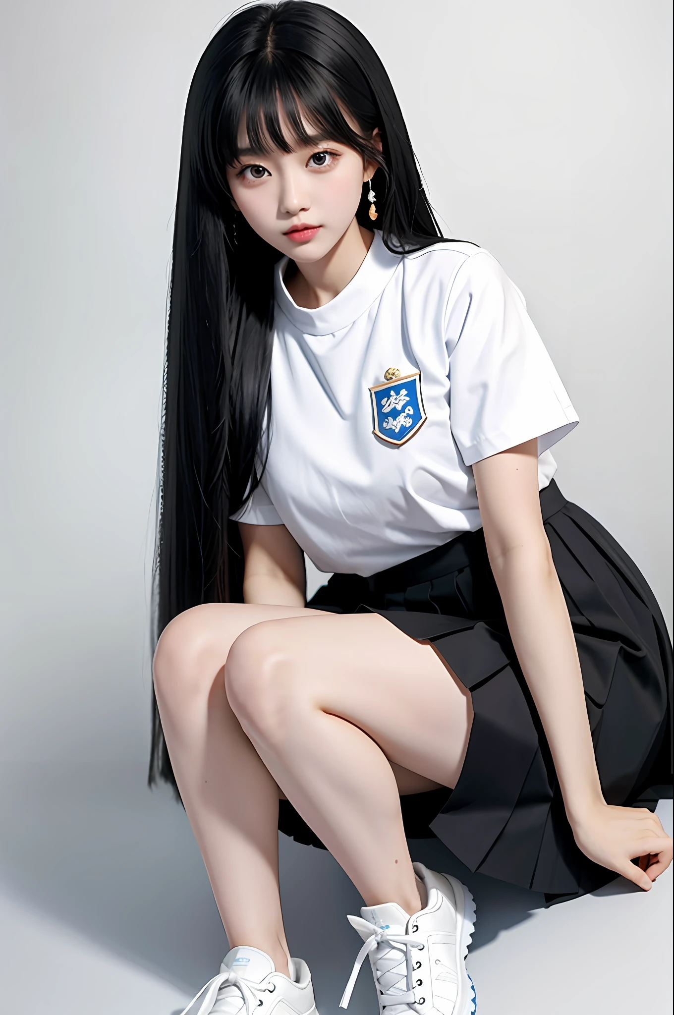 Plain white background,Pure white background positive,Plain white background,faceted,hoang lap,Original,Extremely Delicately Beautiful,beautiful detailed eyes and face,1girll,black_hair,looking_at_viewer,独奏,(tmasterpiece:1.4),(best qualtiy:1.4),White sneakers,black color hair,The eye,Very long hair,Shenzhen school uniform,White and blue pleated skirt,bluntbangs,