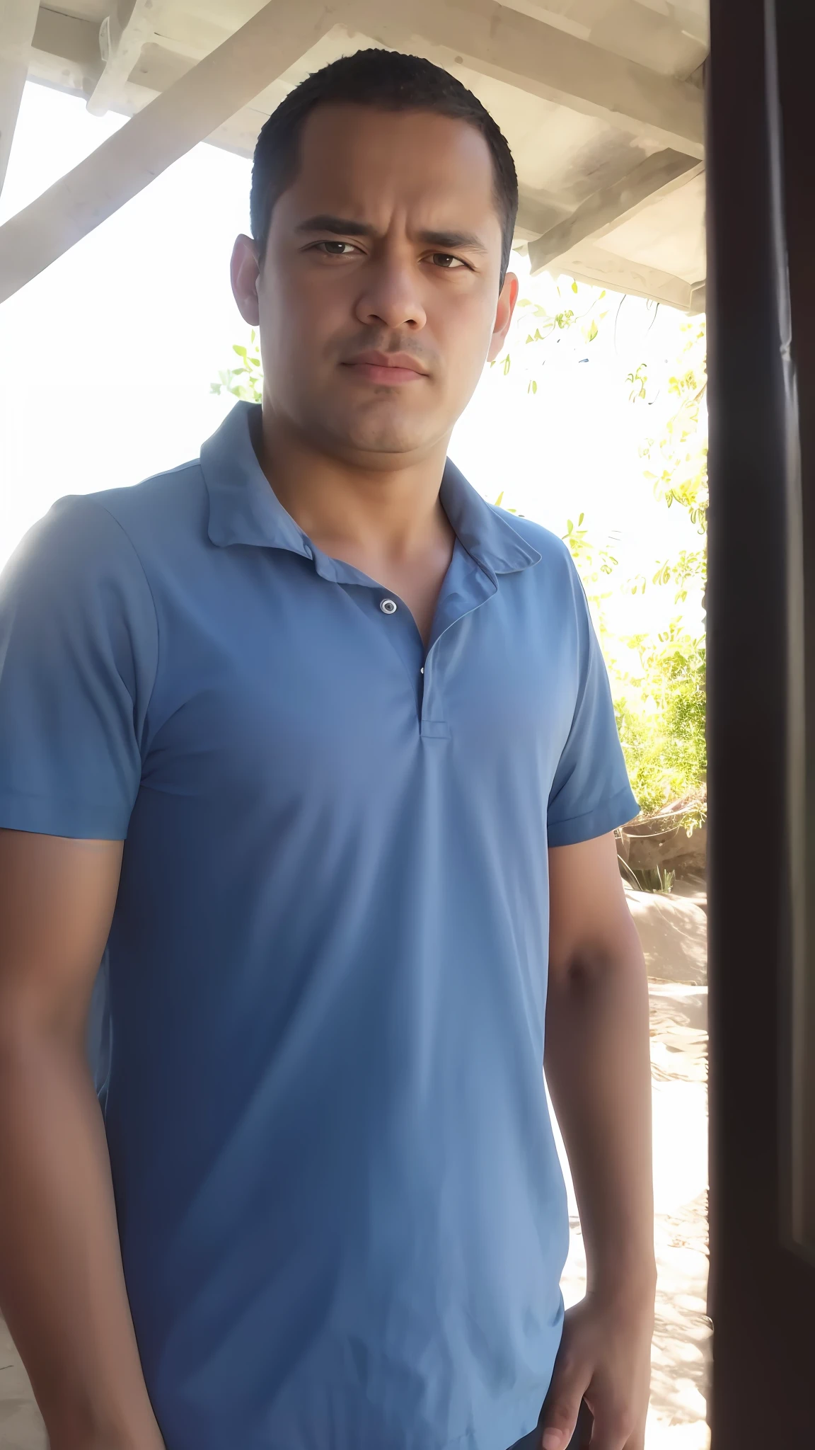 Man in dark blue shirt standing with an imported car behind him facing the sea, em torno de 23 anos a 25 anos. imagem de qualidade profissional, com rosto preciso