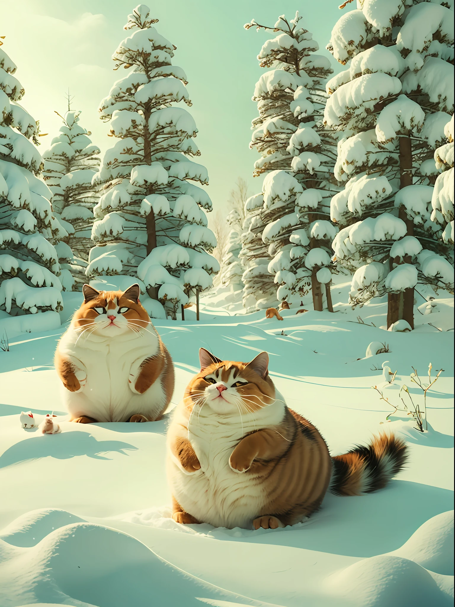 Two cartoon fat cats，Sit in the snow，Very fat，extremely cute