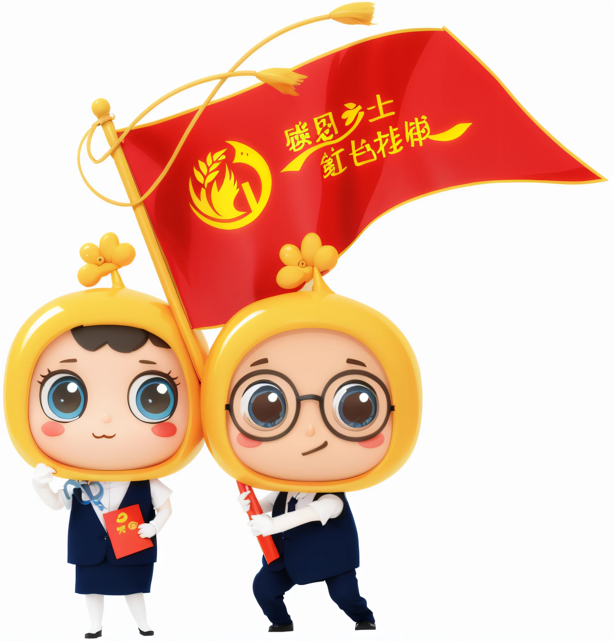 Two people holding flags and a comic book of books, tchibi, Yan, , Li Zixin, Ruan Jia and Fenghua Zhong, Children, guangjian, image, 💣 💥💣 💥, 💣 💥, negao, Wanda, yiqiang and shurakrgt, Ancient sword, author:Qu Leilei, Weibo, kid, Fanart,3D texture,The is very detailed,acurate,best qualtiy,hyper HD,8K,Red Revolution