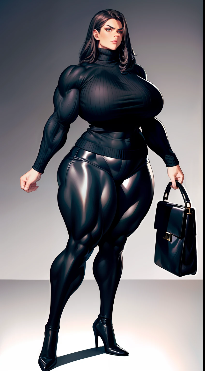 tmasterpiece,Best quality at best,looks down on a viewer,Burly woman,Exaggerated large muscles,Long sleeved black turtleneck sweater,blackstockings,vred,Full body like, Single female,Thin waist,Very broad shoulders, Strong and powerful arms,Strong and powerful leg muscles,thick calf,long leges