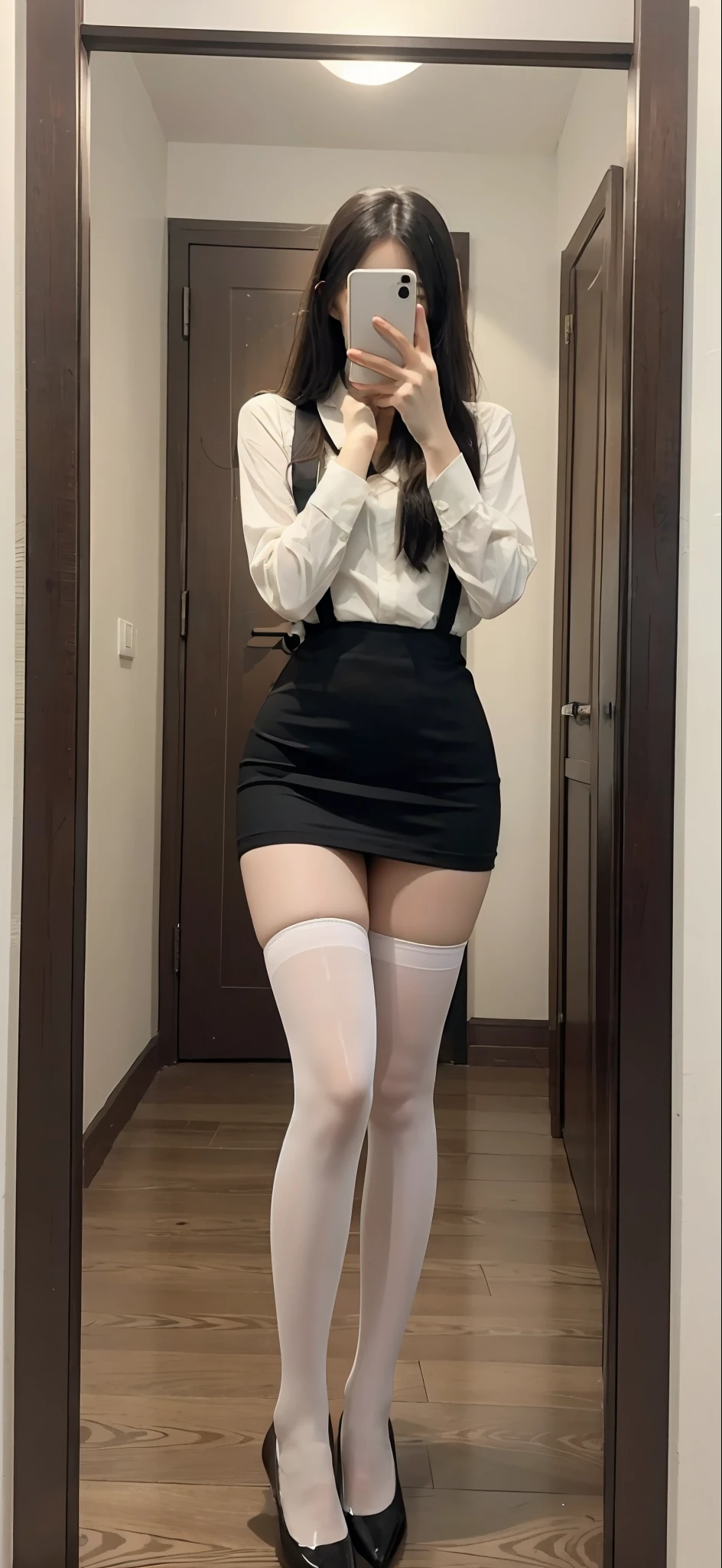 There is a woman in a skirt and a white shirt posing for a selfie with an iPhone in the mirror, thighhighs and skirt, wearing dresses, pale milky white porcelain skin, Wear skirts and suspenders, Sling high black stockings stockings beautiful face with arms and legs, extremely pale, legs visible, leg and thigh shot, wearing white skirt, transparent gray skirts, wearing honey - themed miniskirt, thigh close-up