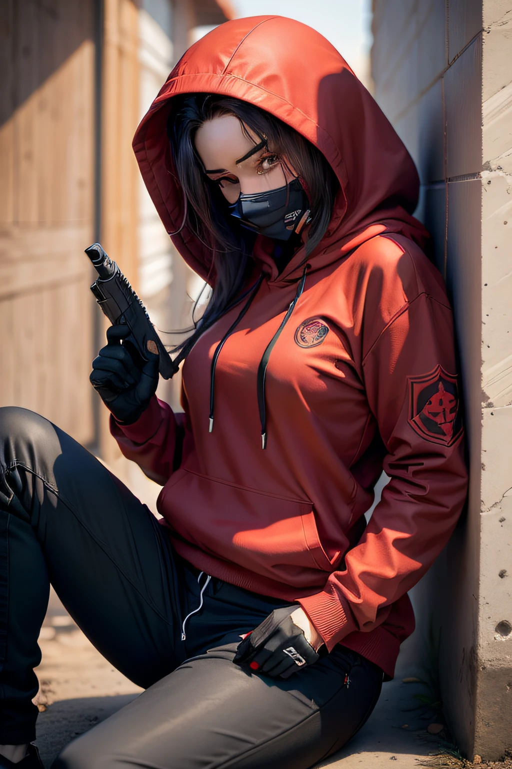 Woman in red hoodie and black pants holding a gun, O Ninja Vermelho, Roupa Ninja, um assassino adolescente ousado, assassina feminina.