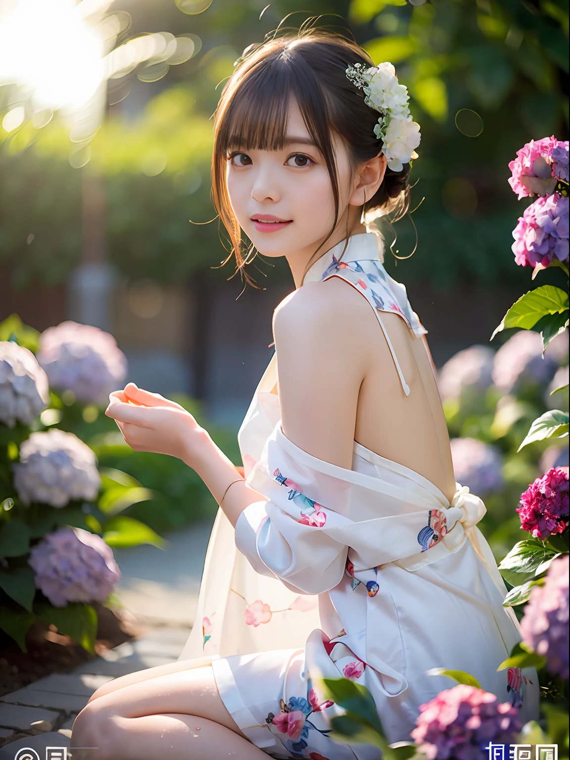 (((Full body photo)))), ((Single eyelid))),((Sunset backlight))),(Lens flare)),(Wearing china clothes)),(((Super Soft Focus)))))), smiling, (Profile))))), (Upward)), twilight, showering, Colorful hydrangea on background, surrounded by hydrangeas, ((soft sunset)), (yinchuan:1.5), masterpiece, best quality, raw photo, photorealistic, face, beautiful girl, cute, short hair, ((((depth of field)))), high resolution, ultra detail, fine detail, very detail, cinematic lighting