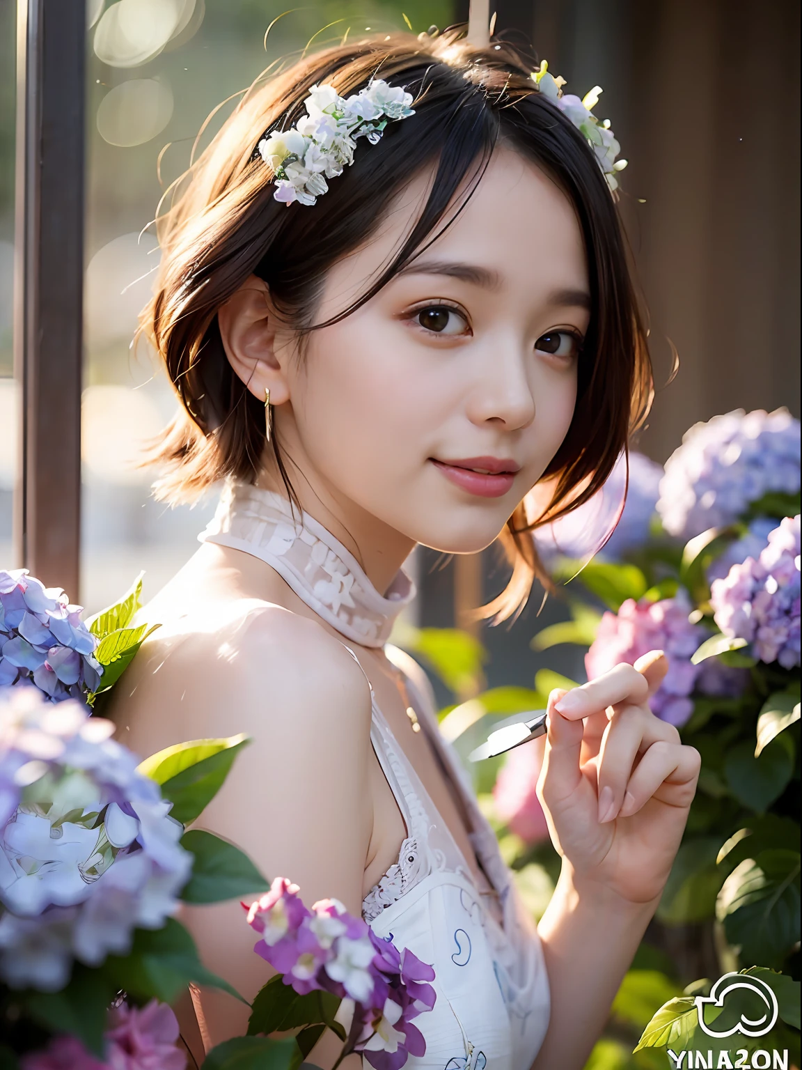 (((Full body photo)))), ((Single eyelid))),((Sunset backlight))),(Lens flare)),(Wearing china clothes)),(((Super Soft Focus)))))), smiling, (Profile))))), (Upward)), twilight, showering, Colorful hydrangea on background, surrounded by hydrangeas, ((soft sunset)), (yinchuan:1.5), masterpiece, best quality, raw photo, photorealistic, face, beautiful girl, cute, short hair, ((((depth of field)))), high resolution, ultra detail, fine detail, very detail, cinematic lighting