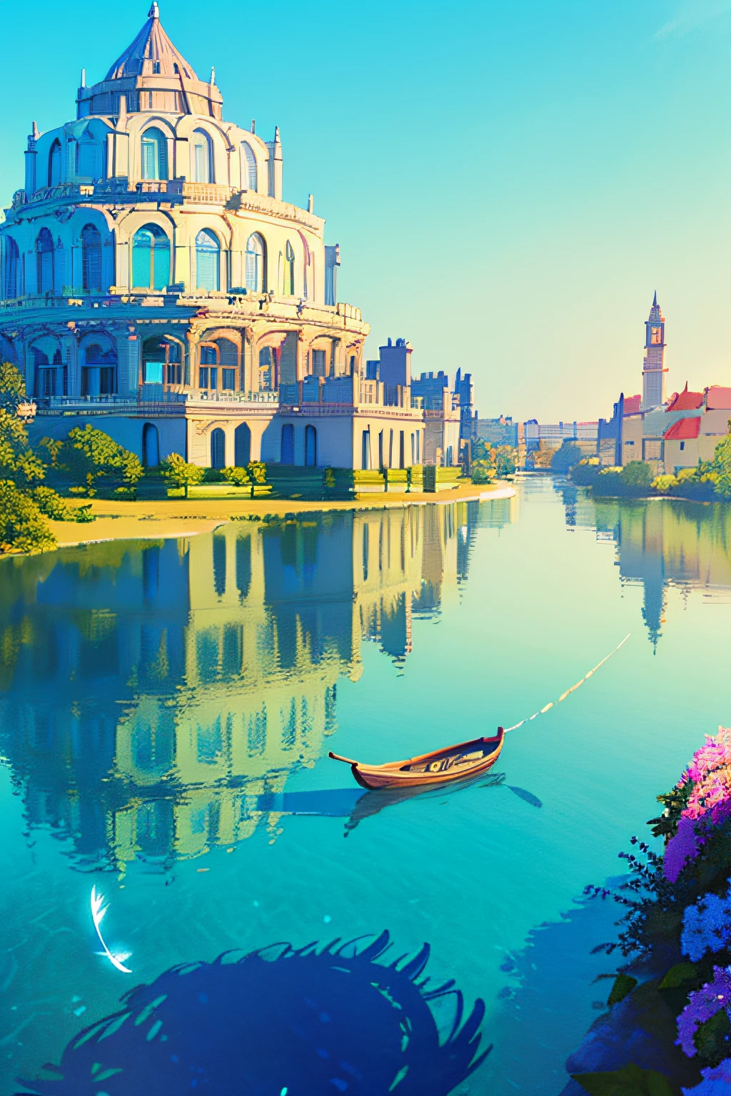 (extremely detailed CG unity 8k wallpaper),(((masterpiece))), (((best quality))), ((ultra-detailed)), (best illustration),(best shadow), ((an extremely delicate and beautiful)),dynamic angle,floating, fairyland,dynamic angle,sea of flowers,beautiful detailed garden,wind,classic,spring, (detailed light),feather, nature, (sunlight), river, forest,(((floating palace))),((the best building)),beautiful and delicate water,(painting),(sketch),(bloom),(shine)