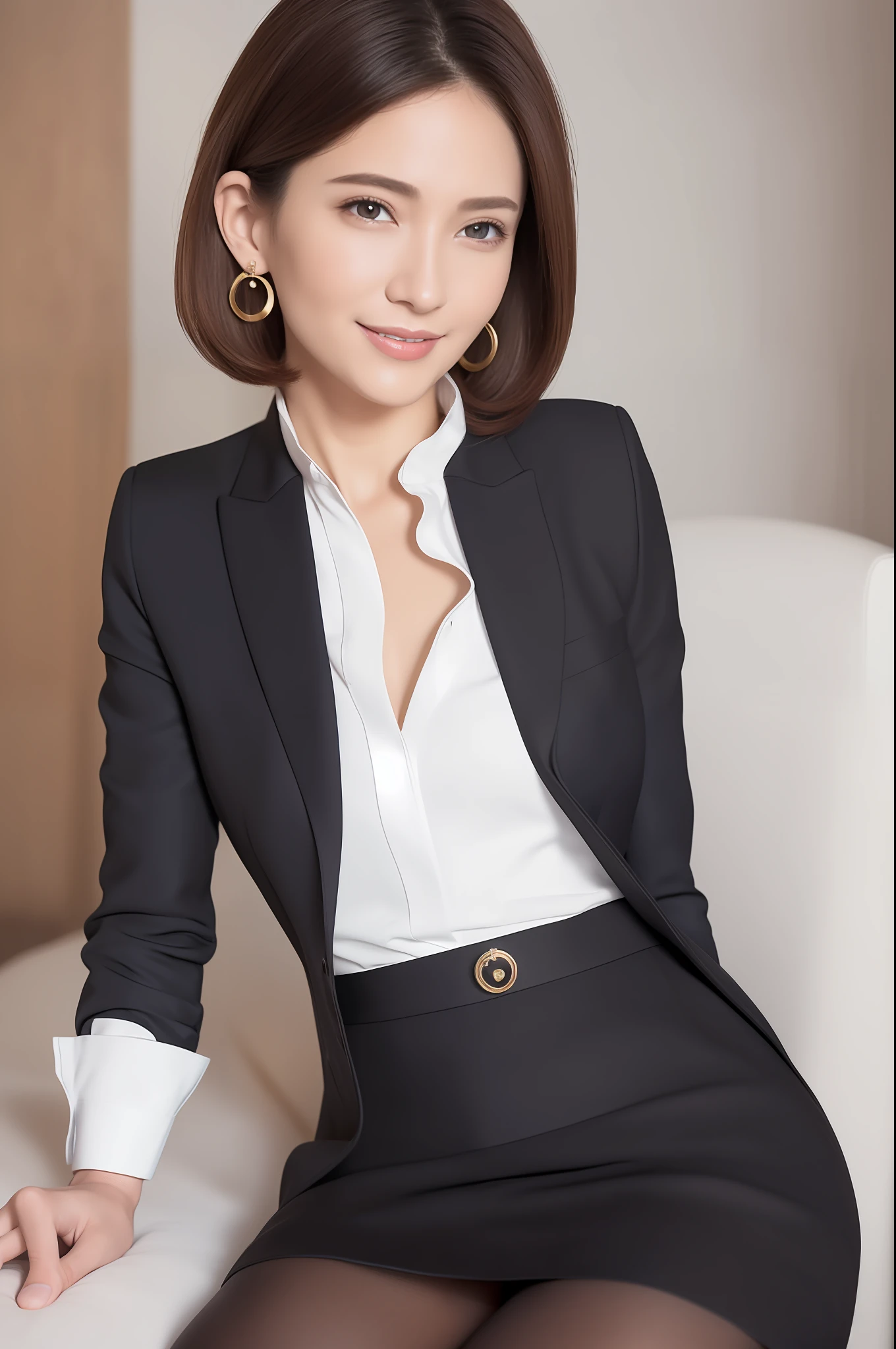 (8K, Best quality, Masterpiece:1.2), (Realistic, photo-realistic:1.37), Ultra-detailed, 1 girl, full bodyesbian, Outdoors, (Adjust hair:1.5) Office Lady, black officeblazer, officeskirt, (Pantyhose:1.2), (short buttoneddownshirt:1.2), buttonedupcollarprim, buttoneddowncollarprim, Bra, (Pantyhose:1.2), alphalayers, high-heels, Beautiful earrings, Cute, Solo, Beautiful detailed sky, (Smile:1.15), (Closed mouth), Small breasts, Beautiful detailed eyes, Business attire, (Short hair:1.2), Floating hair NovaFrogStyle,