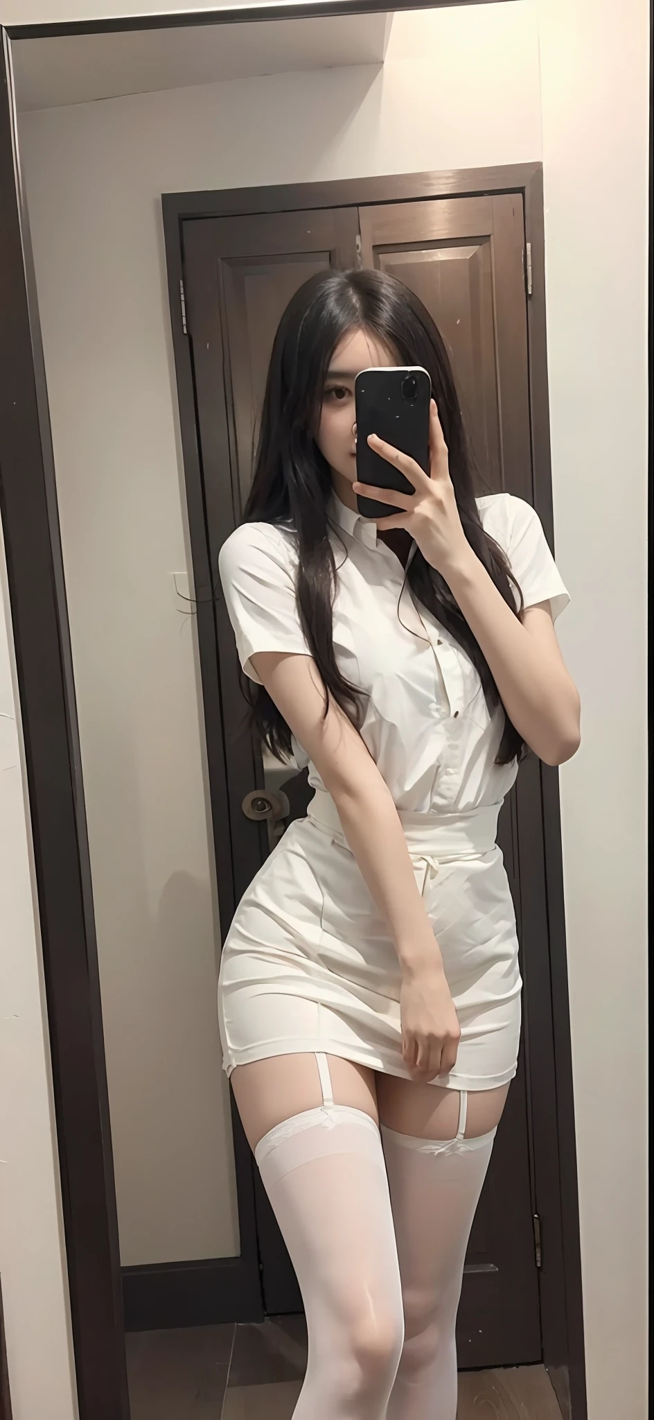 There is a woman in a skirt and a white shirt posing for a selfie with an iPhone in the mirror, thighhighs and skirt, wearing dresses, pale milky white porcelain skin, Wear skirts and suspenders, Sling high black stockings stockings beautiful face with arms and legs, extremely pale, legs visible, leg and thigh shot, wearing white skirt, transparent gray skirts, wearing honey - themed miniskirt, thigh close-up