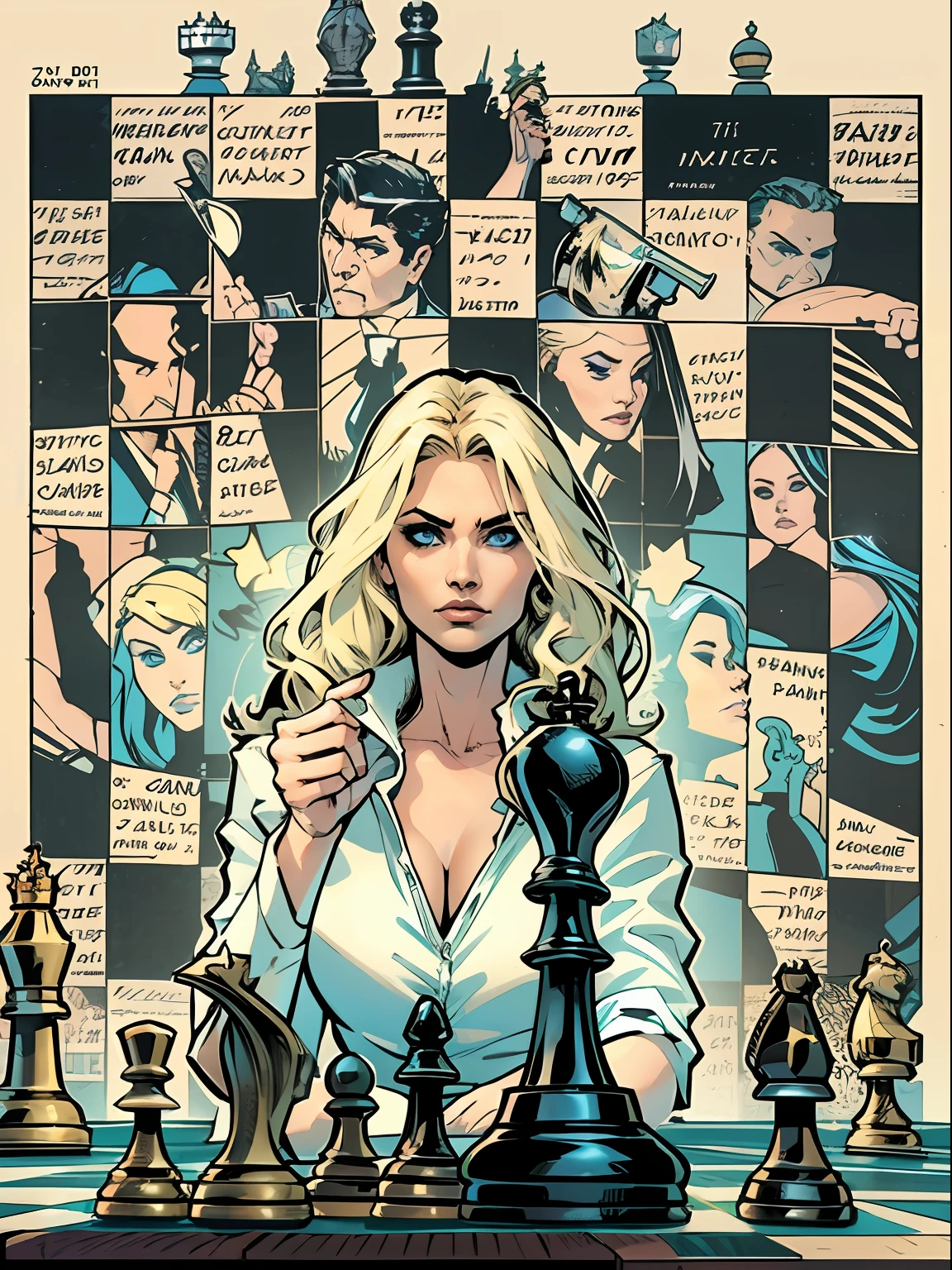 The woman, round face, light blue eyes, blonde hair, Wavy Hair, Long hair, white  shirt, black necktie, black jacket, black catsuit, comic cover, Film-poster, Epic, chess, Chess pieces