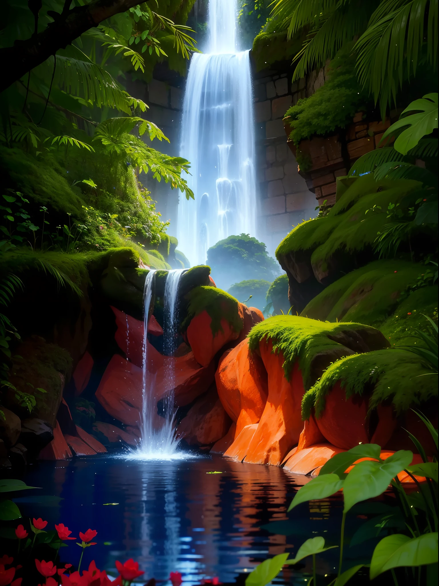 scenery with lush plants and flowers, cheias de cores vibrantes. No centro do jardim, Place a fountain with crystal clear water, rodeada por pequenas fadas e borboletas. At the back of the garden, desenhe um arco feito de trepadeiras com uma porta misteriosa. Ao redor do jardim, adicione animais como coelhos, squirrels and birds