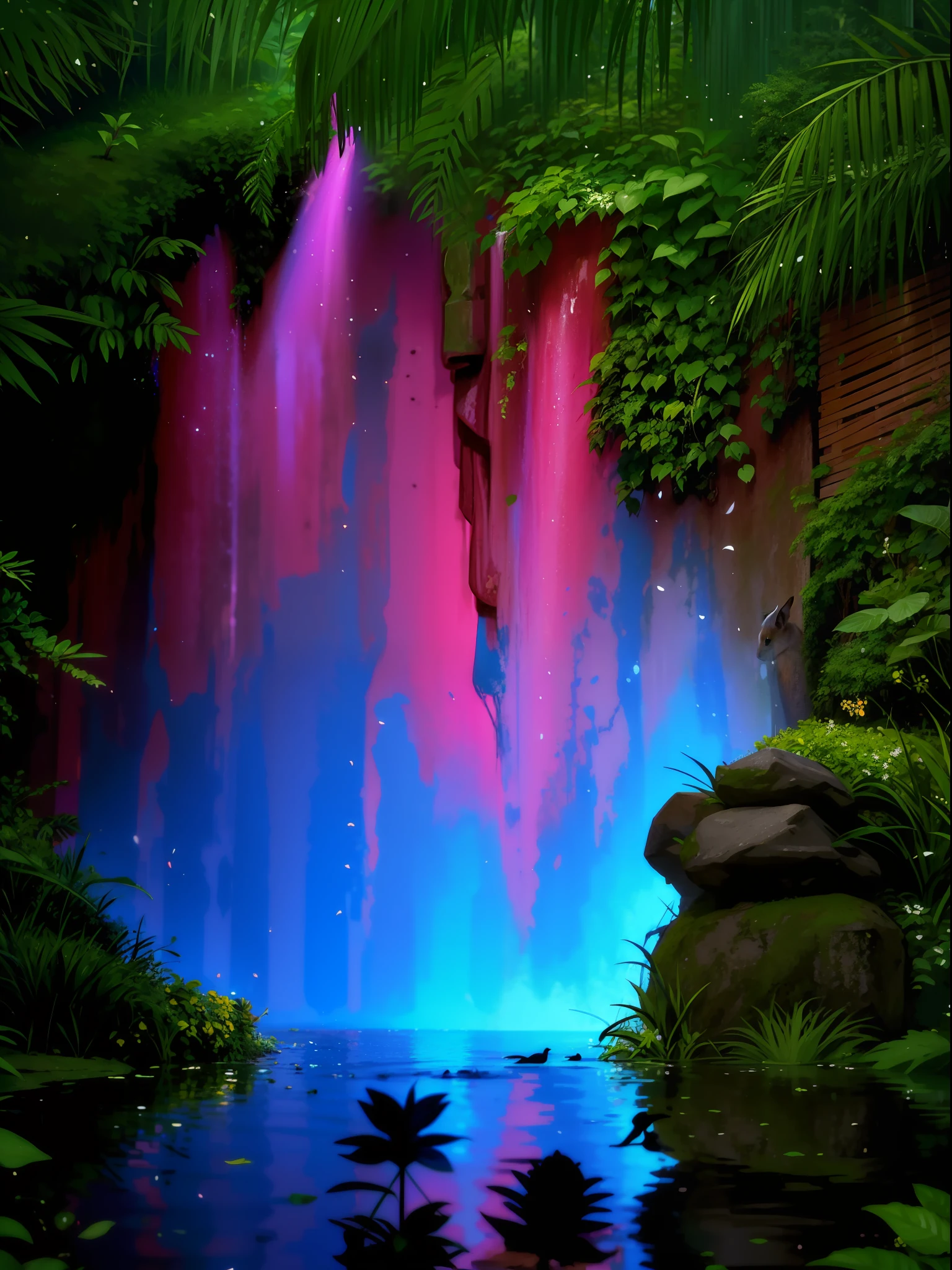 scenery with lush plants and flowers, cheias de cores vibrantes. No centro do jardim, Place a fountain with crystal clear water, rodeada por pequenas fadas e borboletas. At the back of the garden, desenhe um arco feito de trepadeiras com uma porta misteriosa. Ao redor do jardim, adicione animais como coelhos, squirrels and birds