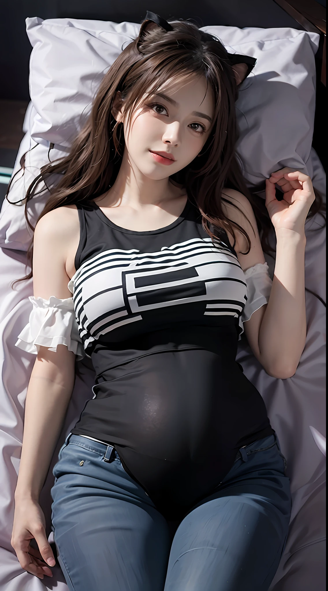 Representative Works, hoang lap, in a panoramic view, exquisite facial features, perfect face, shiny skins, (((Kizi)), 独奏, ((Bar inspector)), (powder blusher), ), (funk), (Nose Red), (ssmile), (long whitr hair), (red hair), (Tight T-shirt translucent), (Translucent clothes), (shorter pants), Cat style, Opal rendering, ((4koma)) legs separated, lying down, Body contours, black face,Raised sexy,sensual lingerie,pregnant belly,Pregnant belly