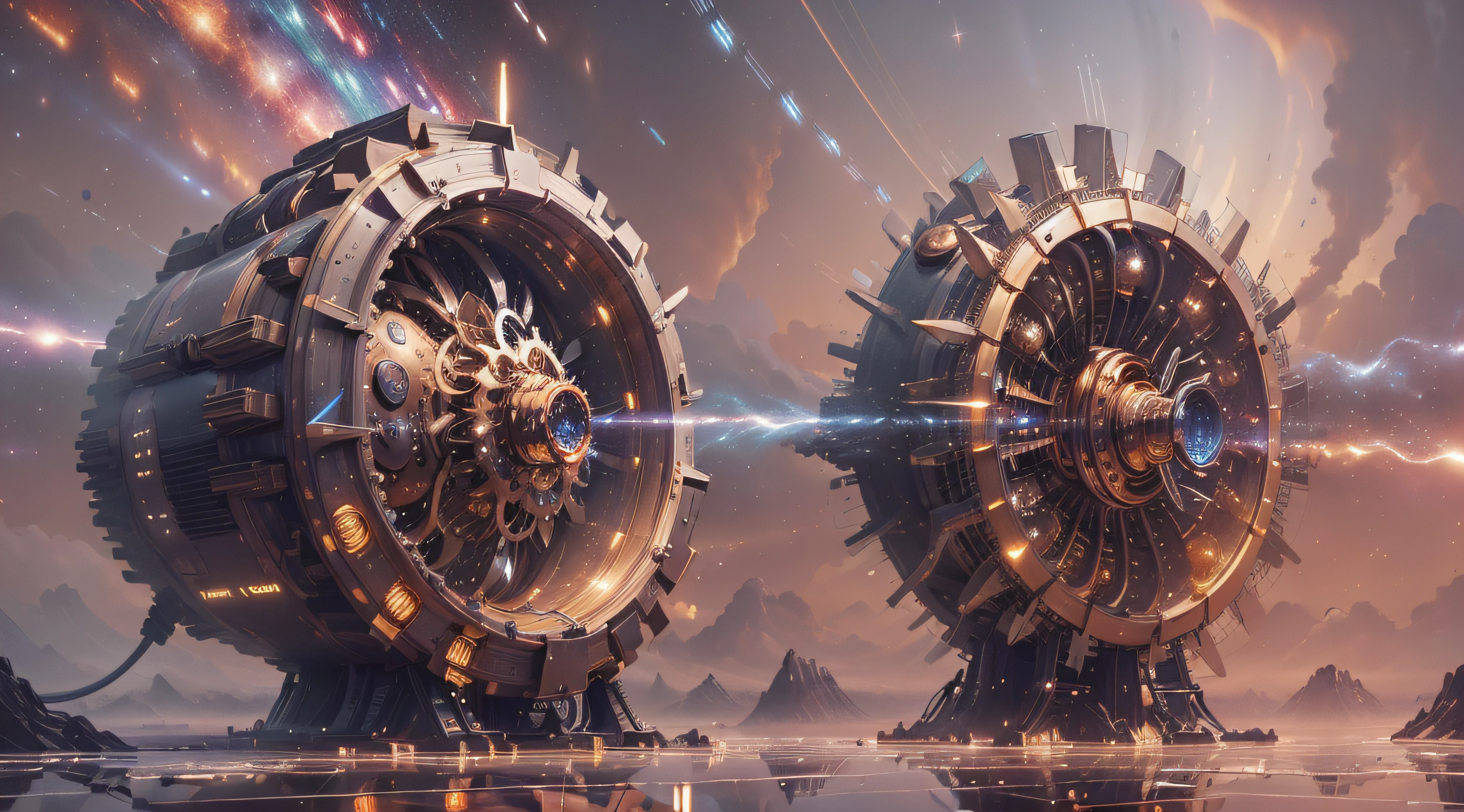 (masterpiece, high resolution, ultra realistic:1.3), mind-bending cosmic machinery, intricate interplay of gears and cogs, (gleaming metallic surfaces:1.2), (complex network of interconnected pipes:1.2), (luminous energy conduits:1.1), (mesmerizing holographic displays:1.1), (vibrant neon lights:1.1), (otherworldly energy pulsations:1.2), (subtle plasma discharges:1.1), (hypnotic whirls of stardust:1.1), (cosmic energy vortexes:1.1), (multidimensional time-warping effects:1.2), (subtle reflections and refractions:1.2), (intricate wiring and circuitry:1.2), (meticulously calibrated control panels:1.1), (blender-like central unit:1.2), (massive cogwheels in motion:1.2), (dazzling celestial backdrop:1.1), (galaxies swirling in the distance:1.2), (brilliant stars illuminating the scene:1.1), (sense of awe and wonder:1.1), (dynamic composition:1.2), (symphony of cosmic machinery:1.2), (technological marvel:1.1).
Note: This prompt focuses on the cosmic machinery, emphasizing the intricate details, futuristic elements, and the grandeur of the cosmos.