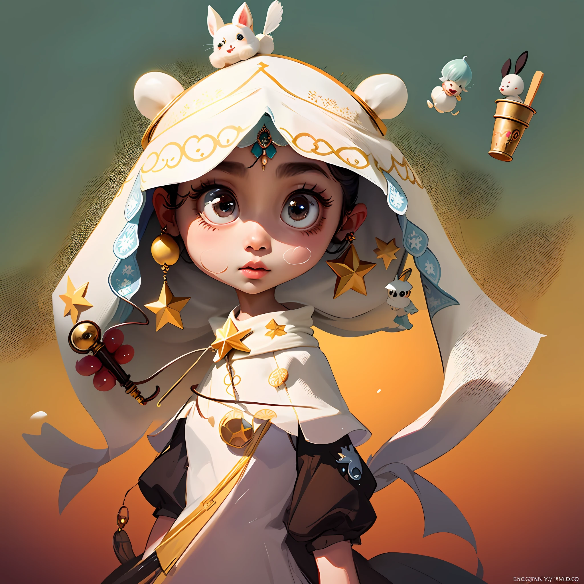 There is a cartoon doll，A hat and a star are worn on it, lovely digital painting, Guviz-style artwork, Beautiful character painting, Cute detailed digital art, childrens art in artstation, A beautiful artwork illustration, art by wlop, WLOP Art, high quality character design, Rosla global lighting, Beeple and Jeremiah Ketner