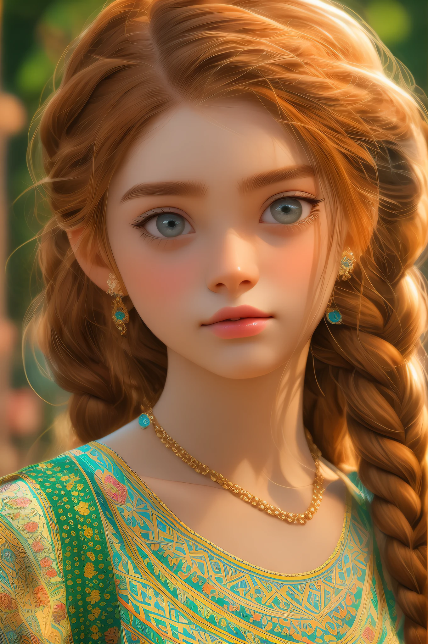 (masterpiece), best quality, expressive eyes, perfect face, tween girl, perfect shade, 60-30-10 color rule, 3/4 body, perfect detailed face, perfect detailed eyes, perfect eyes, delicate face, ginger hair, braids, patterned clothing, Niji Style, intricate, insanely detailed, photo realistic, vray tracing, hdr, 32k