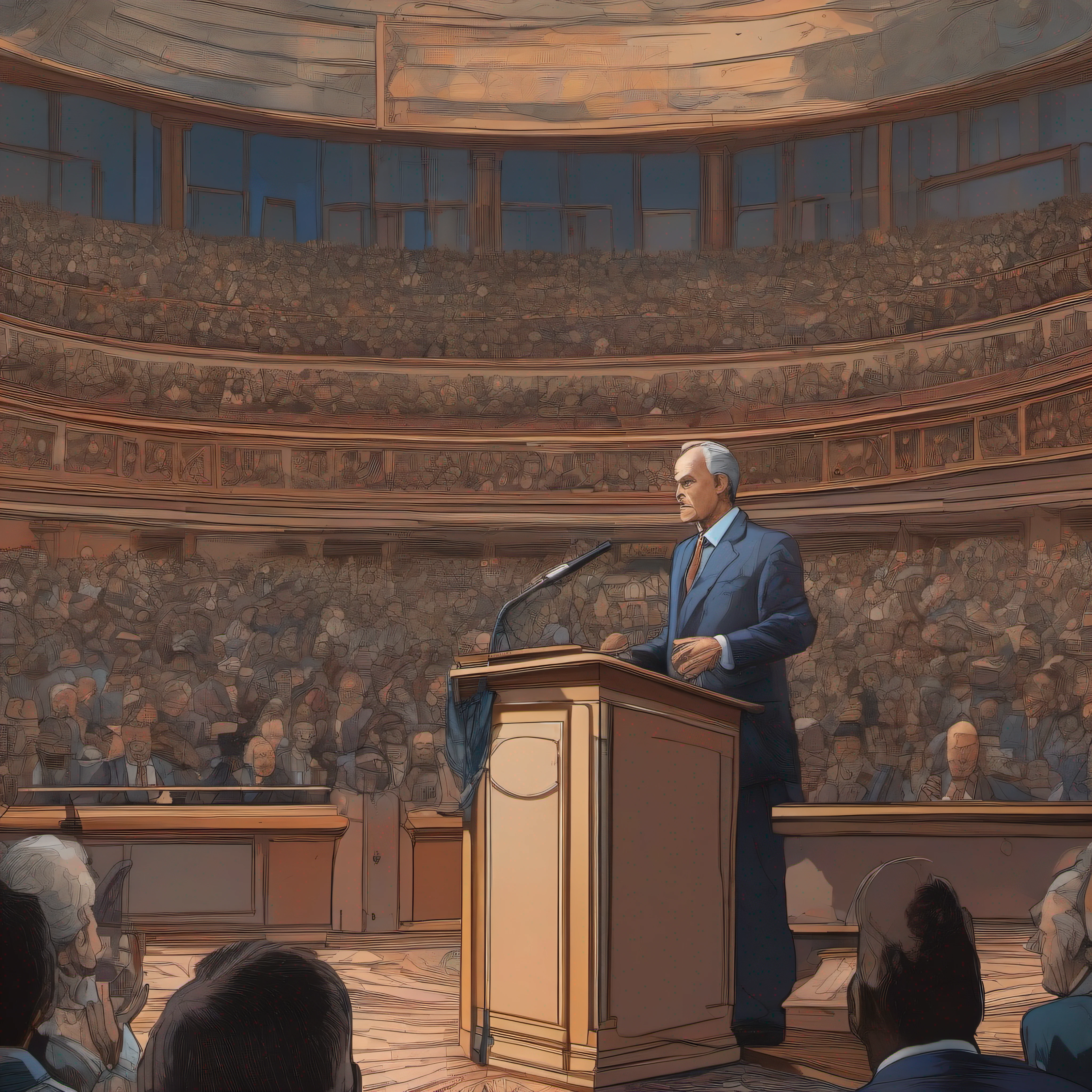 "((primer plano)) de un ((Politician speaking at his podium to a crowd)), ((pose poderosa)), ((Moebius style illustration)), ((calidad impecable)), ((32K ultra high resolution)), ((Awesome microphone and speakers)), ((Epic atmosphere))."