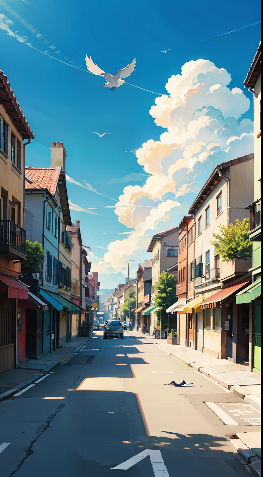 sunny day, street, birds, clouds