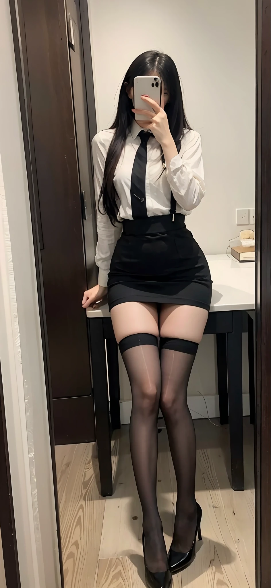 There is a woman in a skirt and a white shirt posing for a selfie with an iPhone in the mirror, thighhighs and skirt, wearing dresses, pale milky white porcelain skin, Wear skirts and suspenders, Sling high black stockings stockings beautiful face with arms and legs, extremely pale, legs visible, leg and thigh shot, wearing white skirt, transparent gray skirts, wearing honey - themed miniskirt, thigh close-up