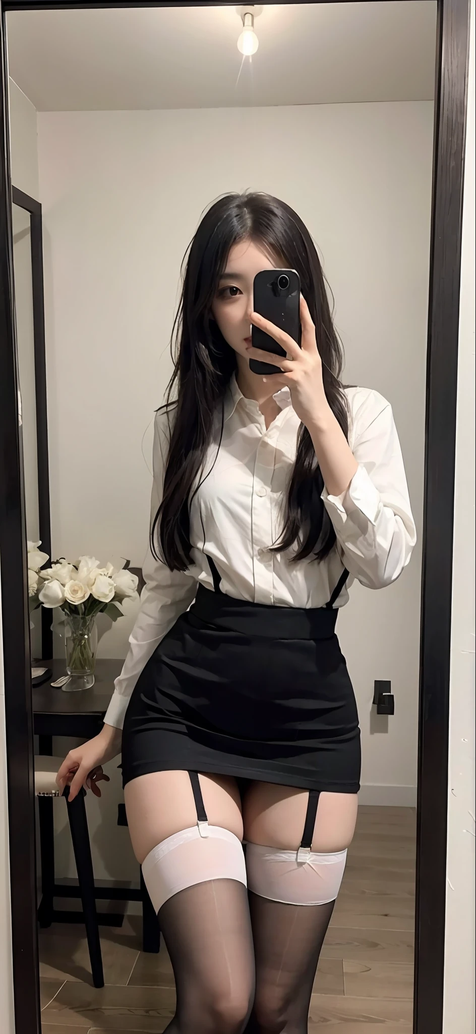 There is a woman in a skirt and a white shirt posing for a selfie with an iPhone in the mirror, thighhighs and skirt, wearing dresses, pale milky white porcelain skin, Wear skirts and suspenders, Sling high black stockings stockings beautiful face with arms and legs, extremely pale, legs visible, leg and thigh shot, wearing white skirt, transparent gray skirts, wearing honey - themed miniskirt, thigh close-up