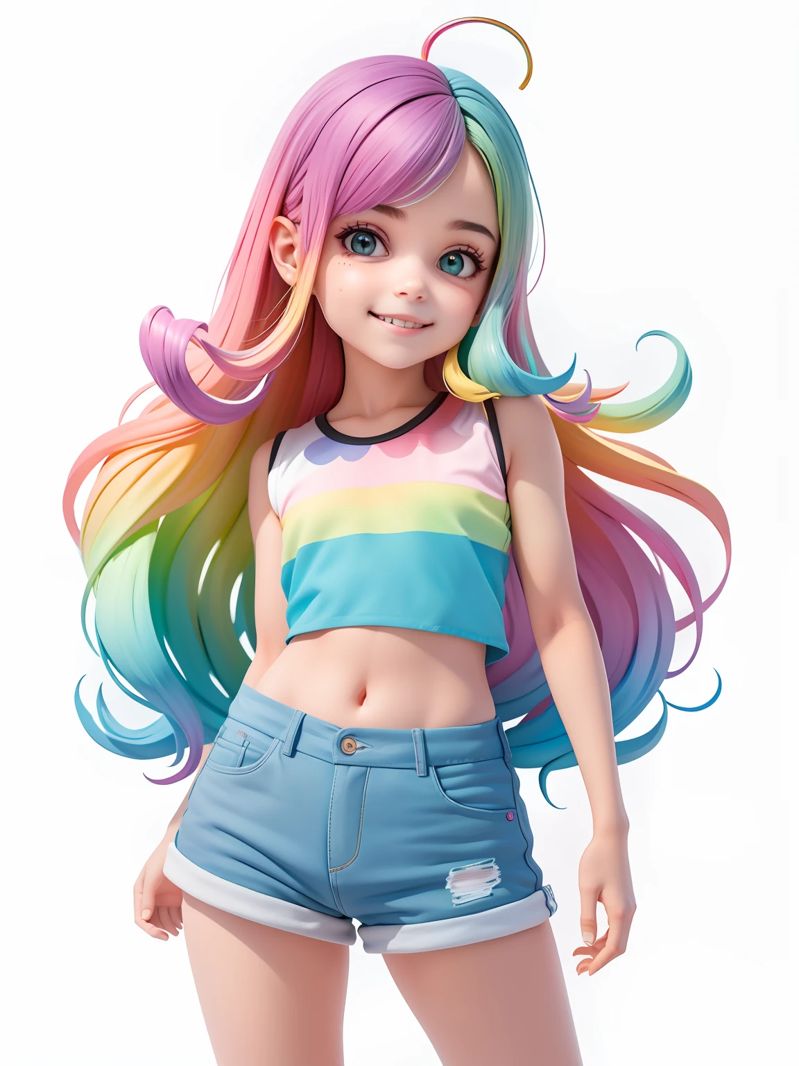 (obra-prima), (melhor qualidade), (ultra-detalhado), (corpo inteiro: 1.2) adolescente, leve e detalhado, sorriso claro, corpo inteiro, :3, cabelo multicolor, curto, longo, pavor, moderno, Modern accessories, fundo tom pastel , colorido e simples.