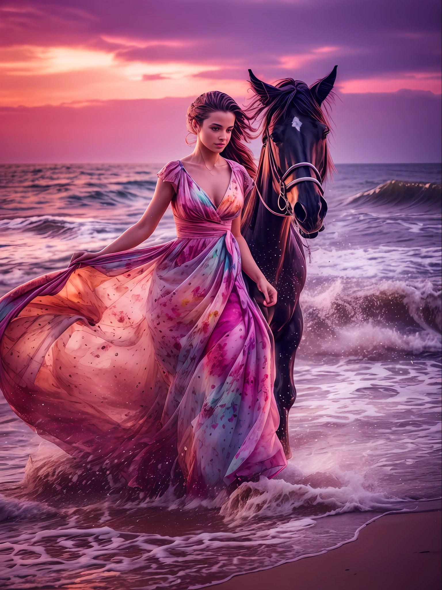 Cute woman in a beautiful dress walking along the seashore, splatter, waves, Next to her is a horse, Color Image, (Sunset on the sea), Lightroom, Cinematic, HDR, Soggy, an intricate, hiquality, Calm tones, Complicated details, low contrast