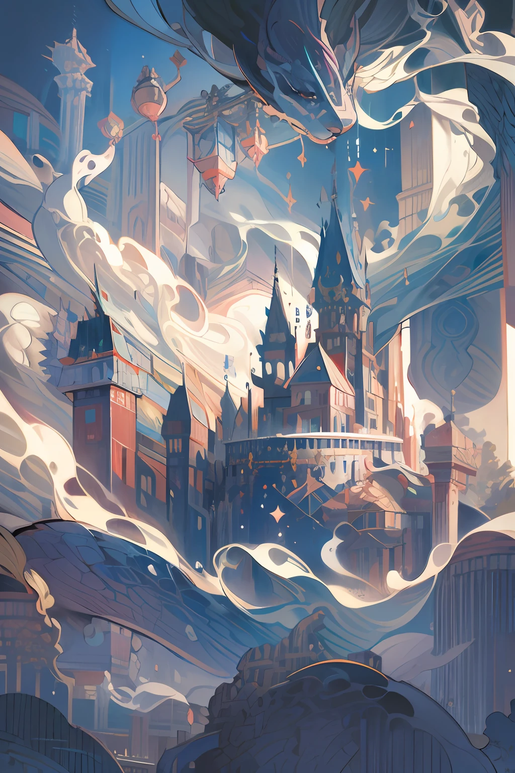 (masterpiece:1.2), best quality ,midjourney, {{{best quality}}}, {{ultra-detailed}}, {illustration}, cinematic angle, {detailed light},cinematic lighting, flying castle, scenery, solo, sky, outdoors, fantasy, light particles