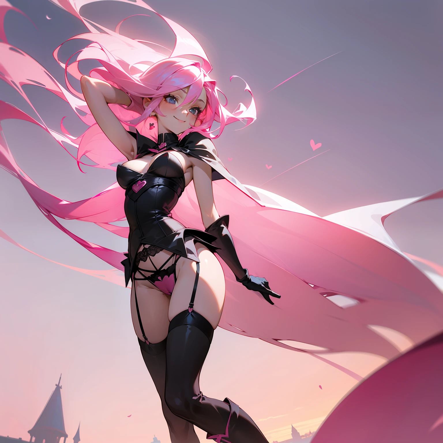 28 year old female, seductive smile, (long pink hair), athletic, long skinny legs, medium perky breasts, (skimpy pink panties), (black bustier), (black stockings), black garter belt, black garters, erect , (black cape) blowing in the wind, (black boots), standing facing the camera, arms behind head, camel toe, floating pink and white hearts