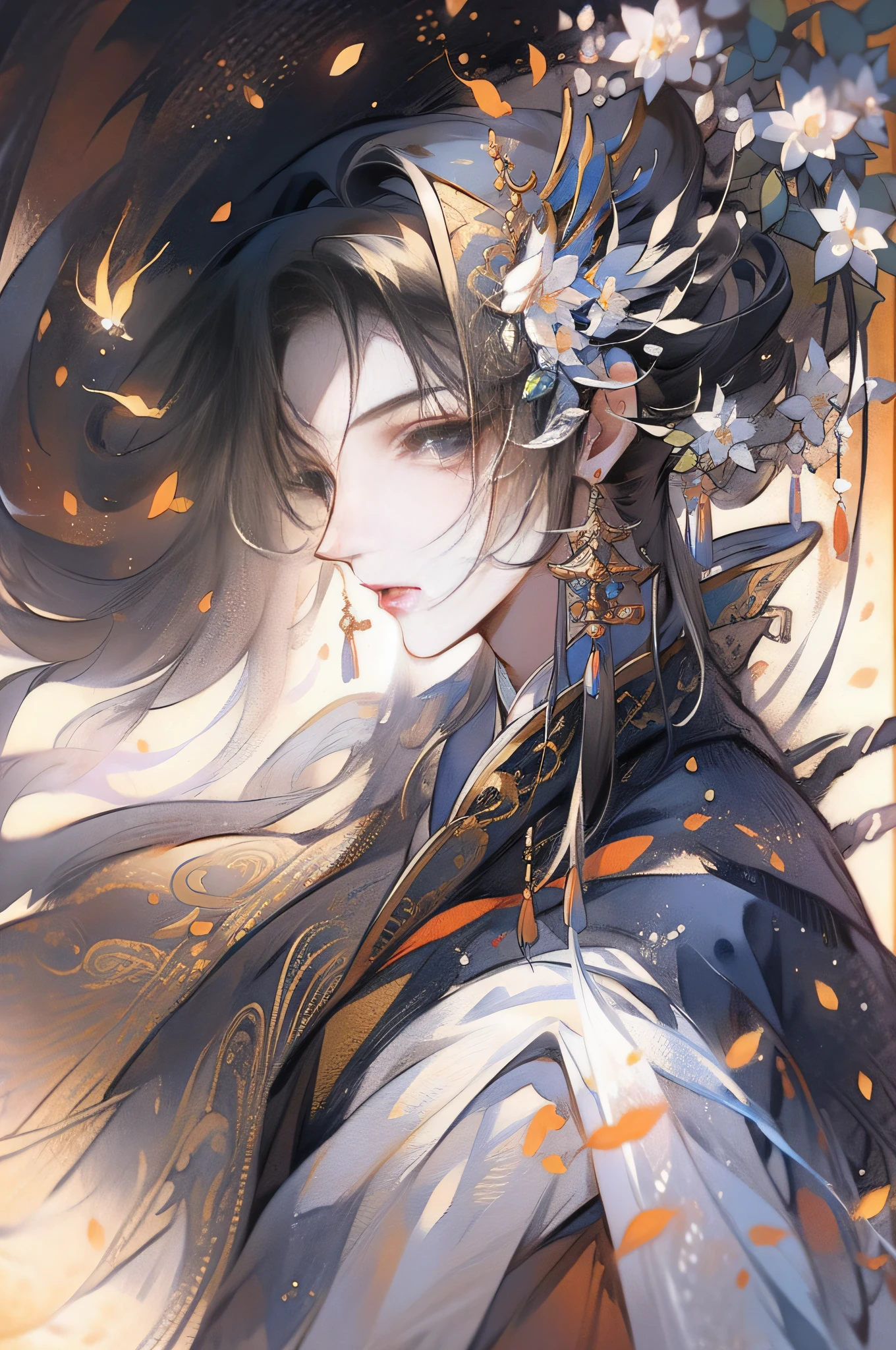 China-style，ink and watercolor painting，Hanfu，1boy  ，standing on your feet，The clothes are black and white，long whitr hair，Handsome，swordsmen，the detail，closeup of face，k hd，ultraclear