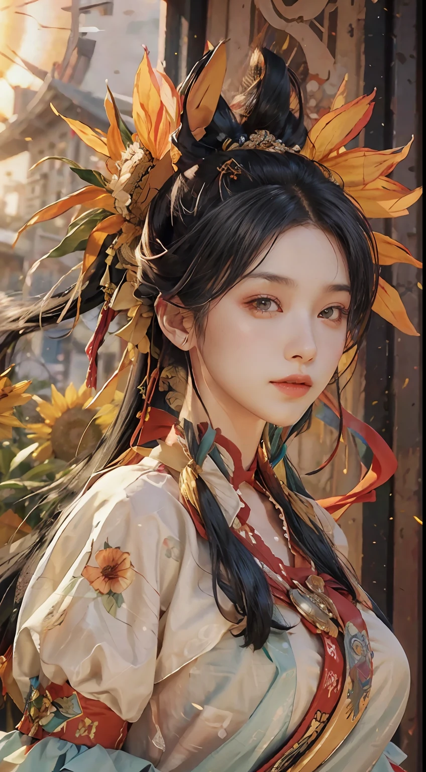 (RAW Photo, Best Quality), (Realistic, Photorealistic Real: 1.3), Best Quality, Highly Detailed, Masterpiece, Ultra Detailed, Illustration, 1 Girl, upper_body, Dynamic Angle, World Mastery Theater, messy_long_hair, Best Quality, Extremely Detailed CG Uniform 8k Wallpaper, Ink, Amazing, Movie Lights, Smiling, Sun Hat, Black Hair, Colorful Double Ponytail, Standing Next to Sunflower