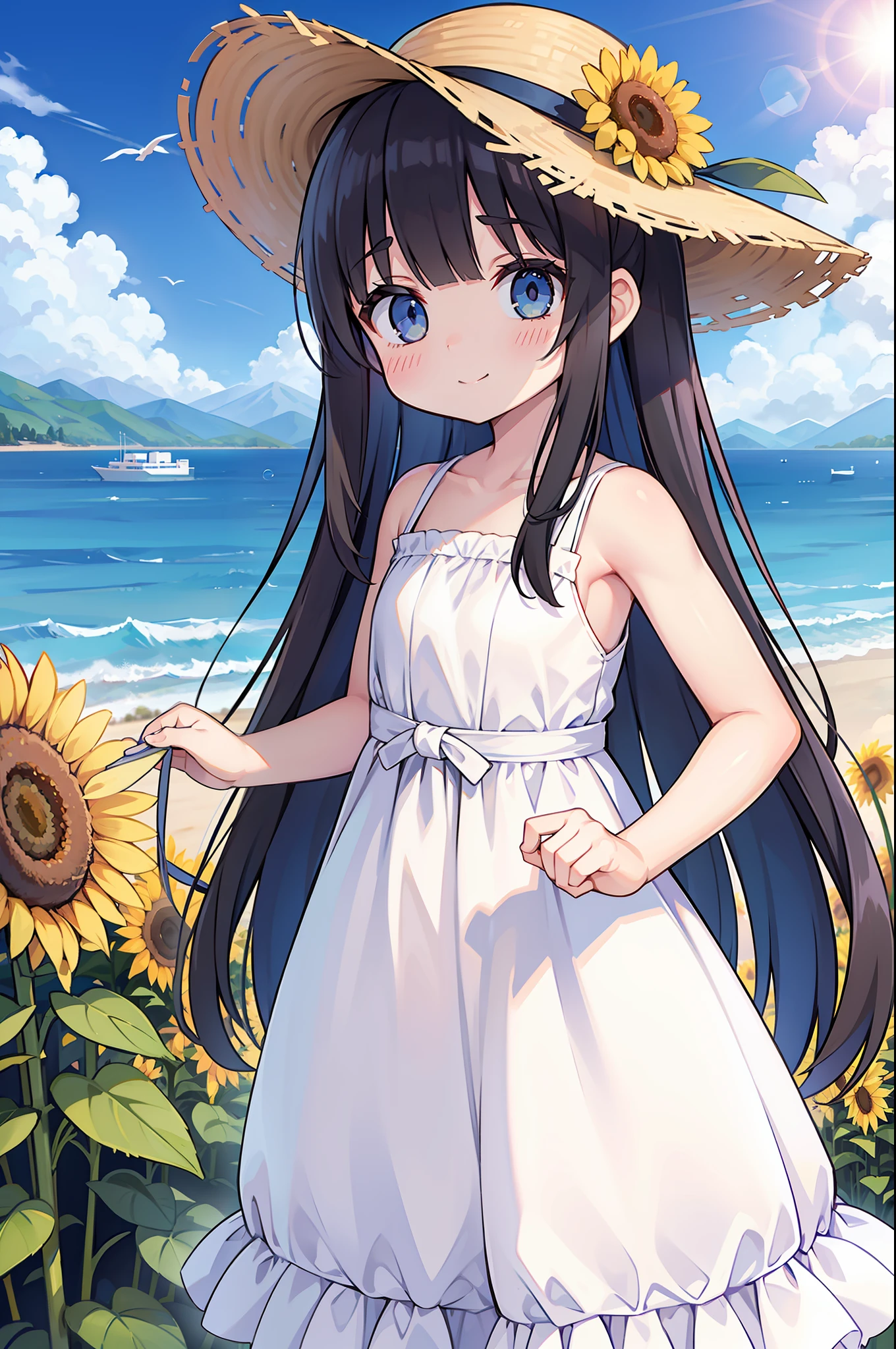 1girl,bangs,bare_shoulders,black_hair,blue_eyes,blue_sky,blush,closed_mouth,cloud,cloudy_sky,condensation_trail,day,dress,eyebrows_visible_through_hair,field,flower,flower_field,hat,hat_flower,holding_flower,horizon,lens_flare,long_hair,looking_at_viewer,mountain,ocean,outdoors,sky,sleeveless,sleeveless_dress,smile,solo,straw_hat,summer,sun,sunflower,sunflower_hair_ornament,sunlight,white_dress,yellow_flower,