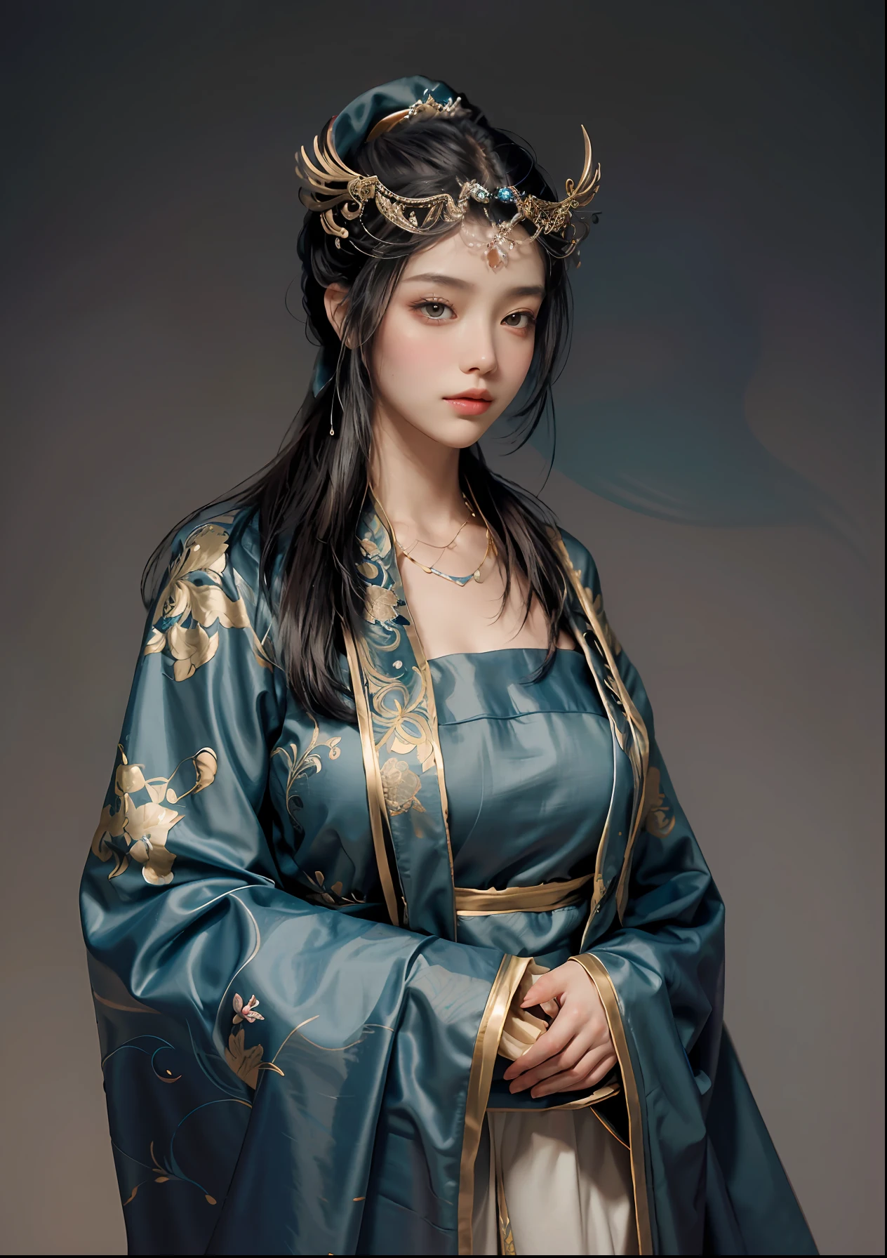 Art depicts a charming woman，Dressed in a flowing manner、Silky traditional oriental dress，blue colors，Decorated with intricate patterns and bright colors。Her dress draped elegantly over her curvy figure，Highlights her seductive silhouette。She stood gracefully in the quiet moonlit night，bathed in the soft glow of the moonlight。The scene exudes an ethereal and dreamy atmosphere，With a touch of mystery and sexiness。The image style incorporates watercolor and digital illustration techniques，It evokes a refined beauty and charm。The lights are filled with soft moonlight，casting soft highlights and shadows on her charming features。Bare thighs，Bigchest